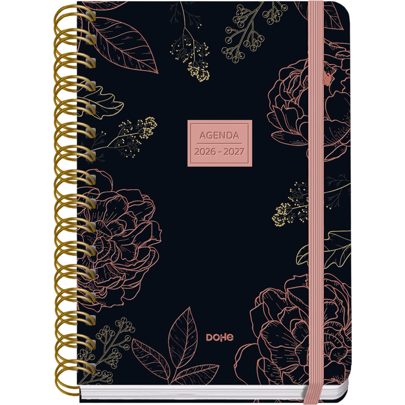 Dohe - 2026 2027 School Planner - September to June, Day per Page, A5 (15x21 cm), Soft Hard Cover, Double Spiral, Elastic Band Closure, 2 Pages of Stickers, Spanish and English - Noir