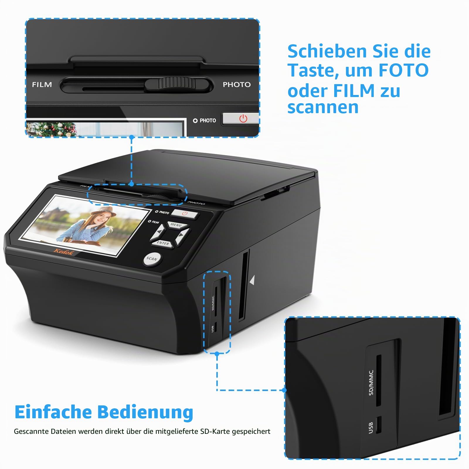 Digitaler Film- und Diascanner 5-Zoll-LCD-Bildschirm 35mm 110mm Film Foto Visitenkarten 22 MP JPEG 8 GB SD-Karte
