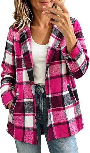 ASUIU Womens Plaid Shacket Lapel Collar Plus Size Plaid Shacket Fall