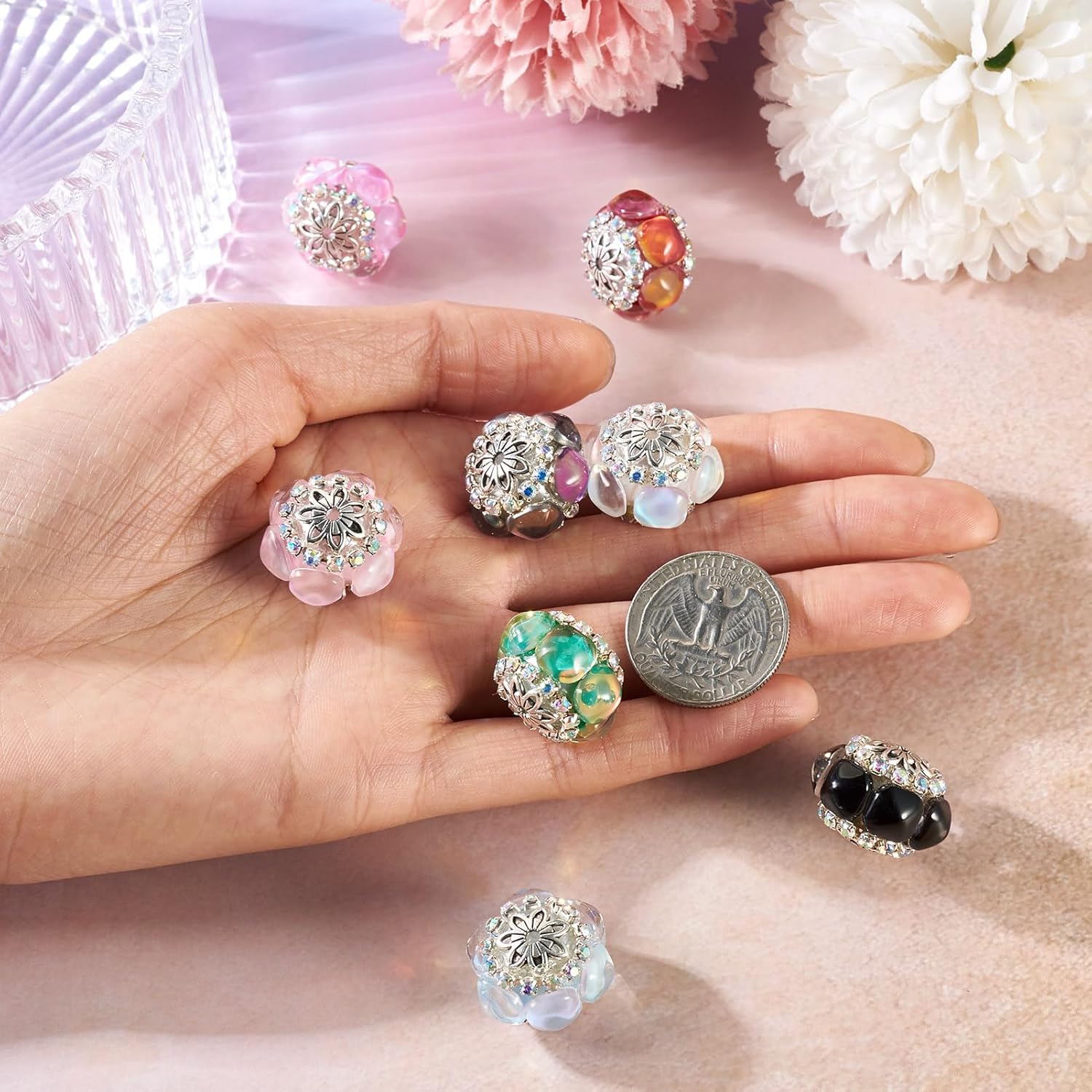 Craftdady 8pcs Rhinestone Flower Focal Beads for Pens, DIY Beaded Pens, Keychain, Jewelry Making, 8 Colors, Polymer Clay, Acrylic, Rhinestone, 22x22x15.5mm, Hole: 1.6mm - Image 4