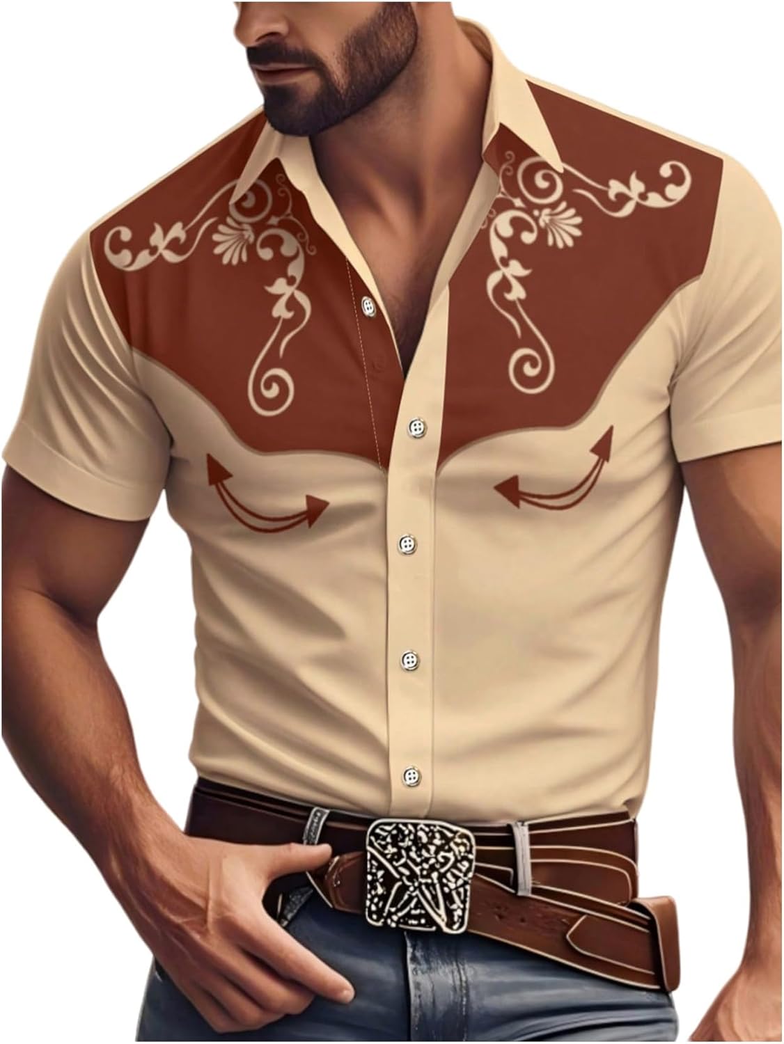 Men's Vintage Western Cowboy Shirt Graphic Country Shirts Short Sleeve Retro 70s Hippie Top Cowboys Costume - Image 2