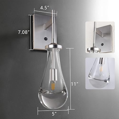 Miniatura 3 de HuisMier Aplique de pared de níquel cepillado, apliques de pared de gota de lluvia con botón de interruptor de encendido y apagado, moderna lámpara