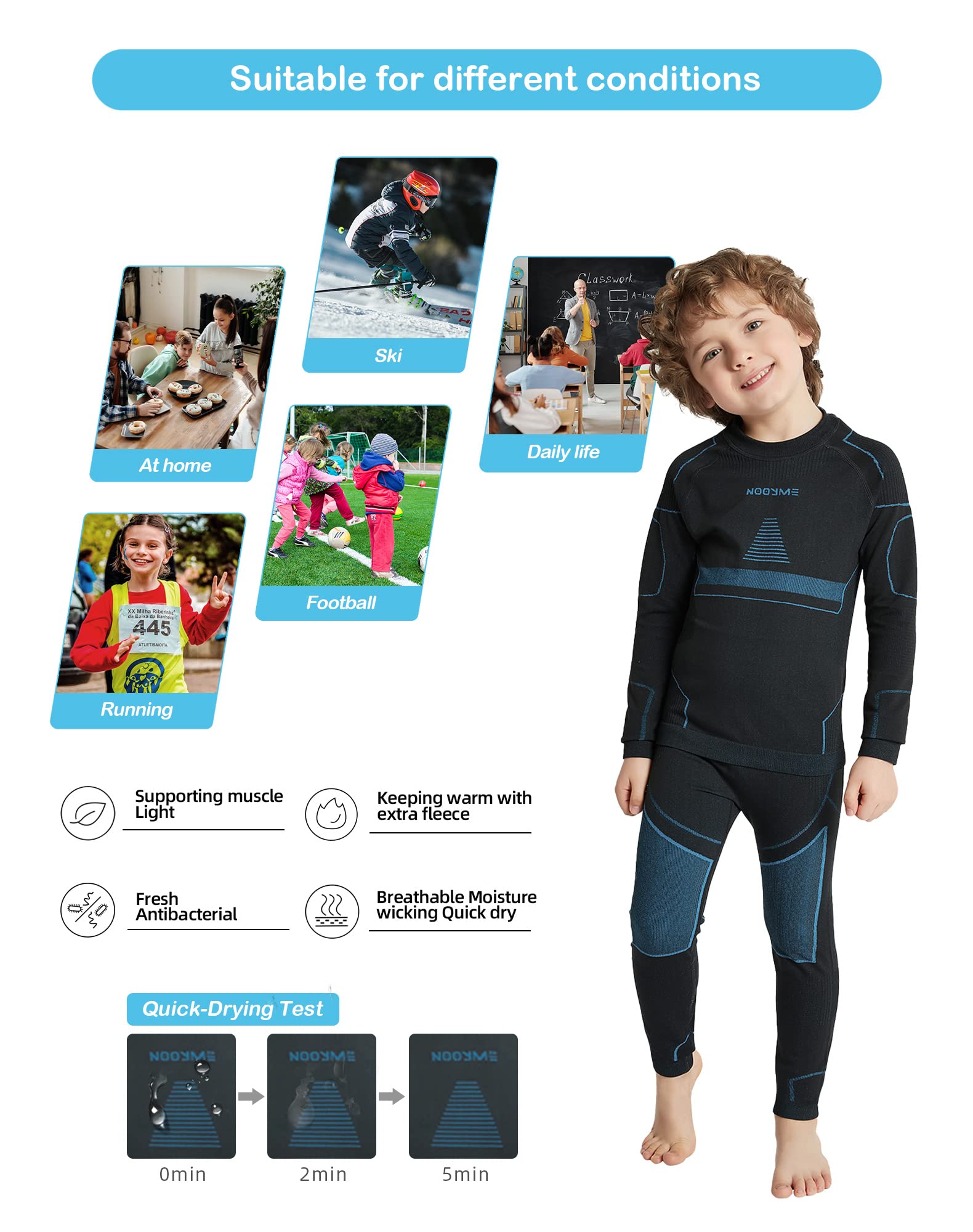NOOYME Intimo Termico Bambino Biancheria Intima Termica Bambina Pantaloni e Maglia Termica Traspirante Asciugatura Rapida per Sci Corsa Calcio