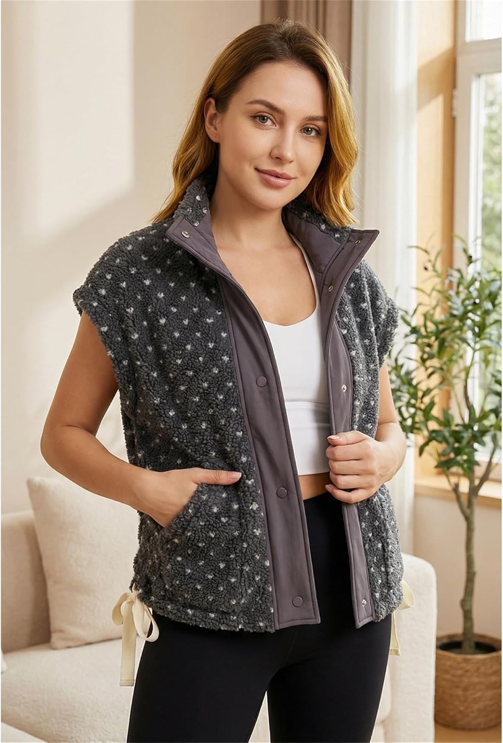 SeeLuNa Slouchy Sherpa Vest for Women Mock Neck Cap Sleeve Polka Dot Fuzzy Fleece Vests Loose Button Down Gilet Outerwear
