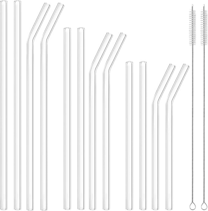 12 Pcs Reusable Glass Straws - Size 12.2"x10mm,10.5"x10mm,8.5"x10mm,Including 6 Straight and 6 Bent Clear Glass Straws with 2 Cleaning Brush for for Smoothies, Shakes, Coffee, Juice, Cocktails
