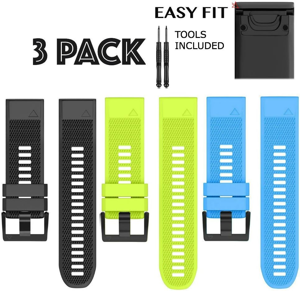 CORABLADE Replacement Watch Band Compatible with Garmin Fenix 6X/Fenix 6 Pro/Fenix 5X/Fenix 5X Plus/Fenix 3/Fenix 3hr/ Quatix 3,Tactix Bravo,Foretrex 701 (Black, Green, Blue)