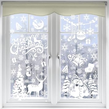 VEYLIN Xmas Window Clings Decoration, 141 Static Snow Flakes Stickers Merry Christmas Window Stickers Decals for Christmas Party Supplies 8 Sheets