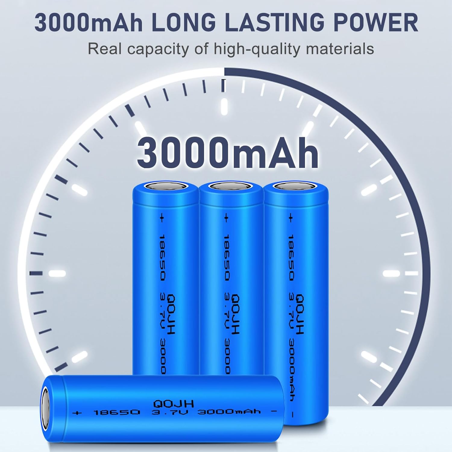 Graphic illustrating 3000mAh long-lasting power for QOJH 18650 batteries