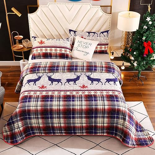 Juego de edredón de Navidad, juegos de ropa de cama de ciervos de Navidad corriendo en el bosque, cubrecama reversible (Queen, patrón de ciervos)