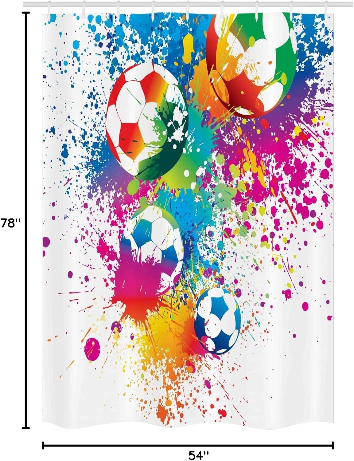 Ambesonne Soccer Stall Shower Curtain, Colored Splashes All Over Soccer Balls Score World Cup Championship Athletic, Fabric Bathroom Decor Set with Hooks, 54" W x 78" L, Off White Multicolor
