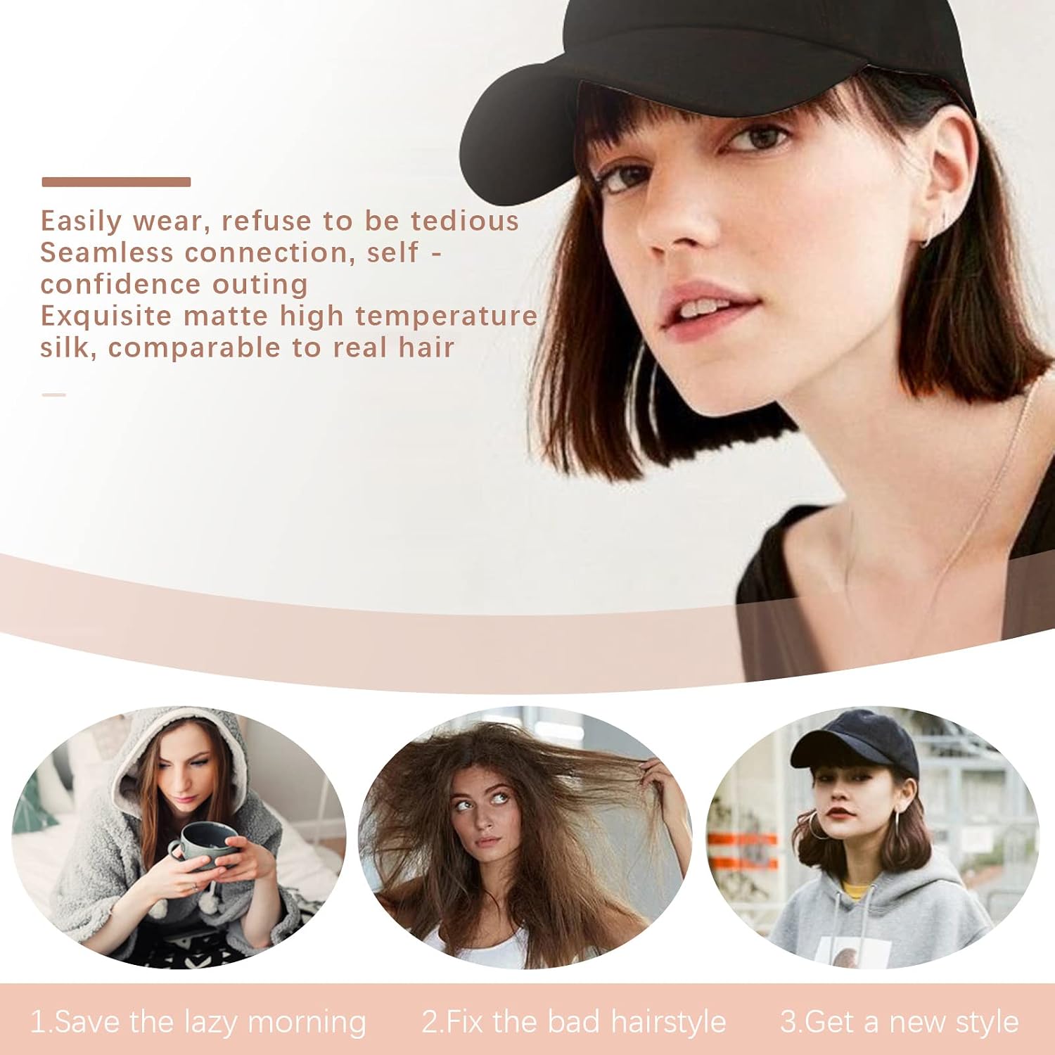 SEGO Baseball Cap with Hair Extensions for Women Heat Resistant Synthetic 6'' Adjustable Short Straight Hairpiece Replacement Wigs in Hat for Girls