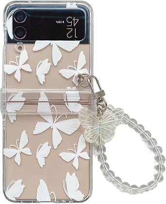 for Samsung Galaxy Z Flip 4 5G Case with Strap, Cute Crystal Clear Bumper, Luxury Bling Glitter Bracelet Wristband Shockproof PC Case for Samsung Z Flip 4 2022 for Girls Women - White Butterfly