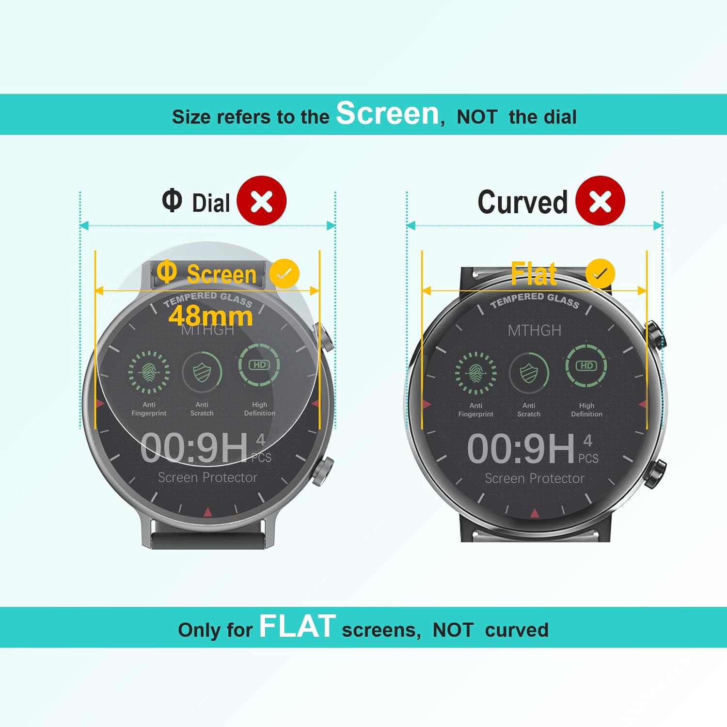 48mm(1.89inch) Diameter Screen Protector,(4 Pack) 9H Hardness Tempered Glass Screen Protector for Universal Round Watch with Anti-Scratch,Anti-Explosion,Bubble-Free,High-Definition