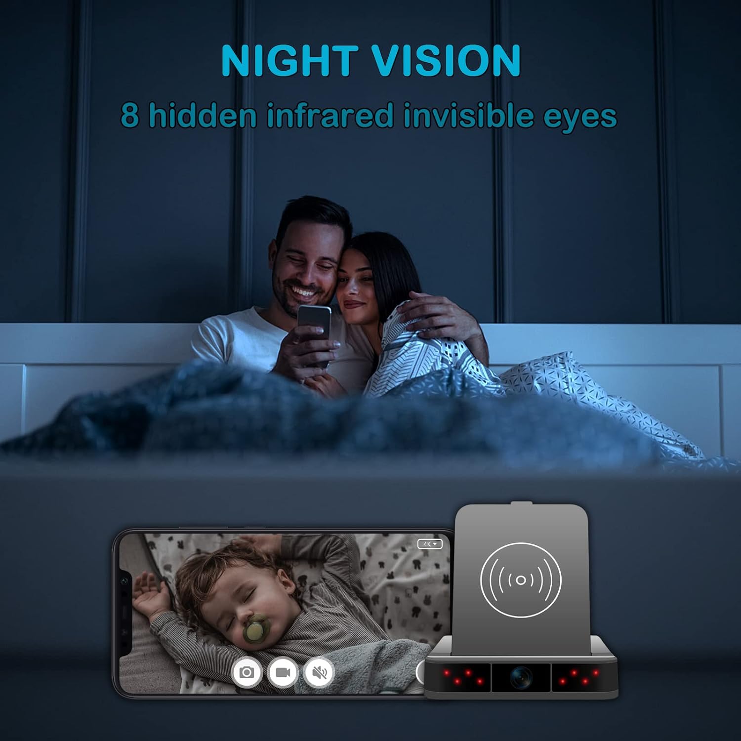 Image showing the night vision capability of the camera, with a couple in bed and a phone displaying a baby sleeping, indicating clear visibility in darkness.