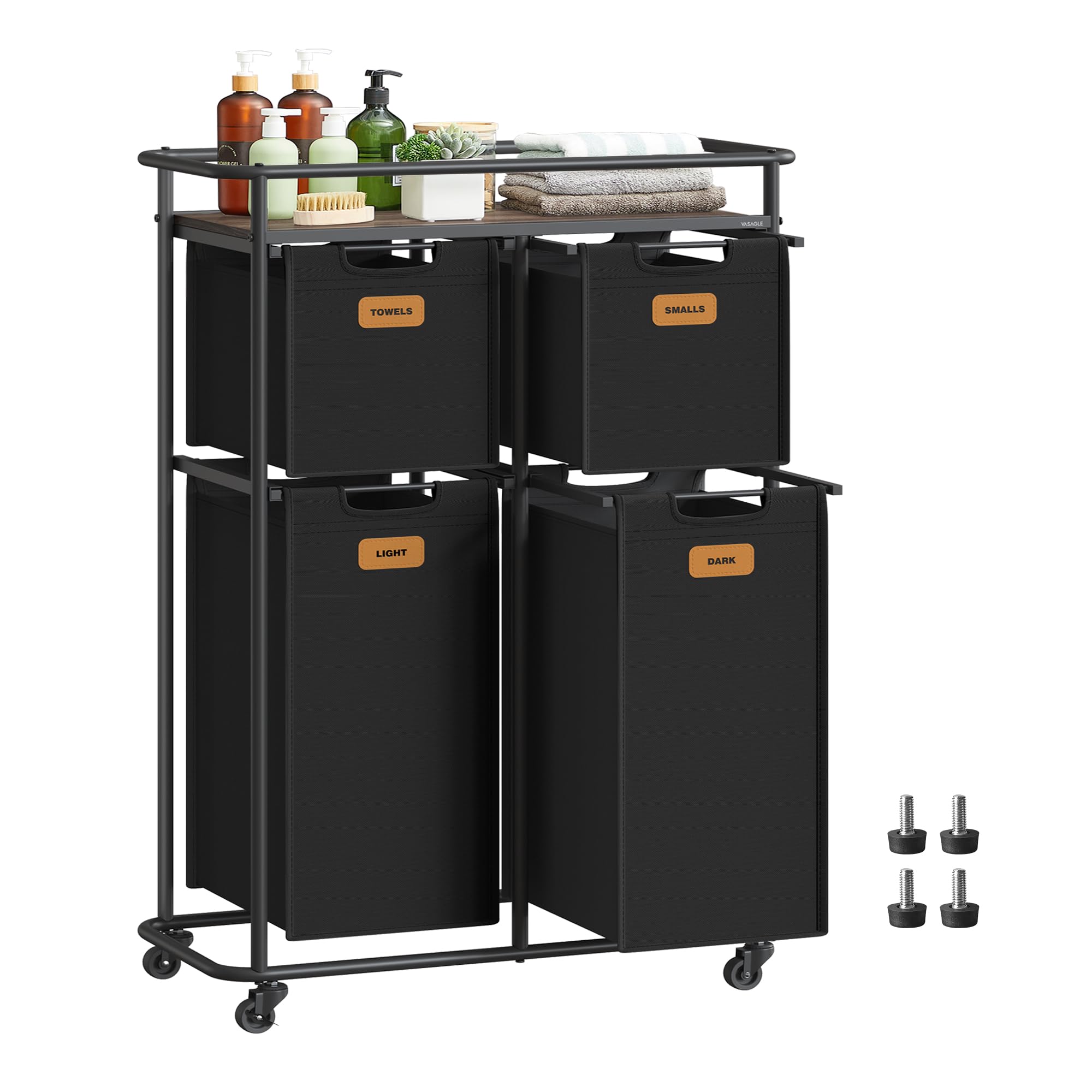 VASAGLE Wäschesammler mit Rollen, Wäschekorb 4 Fächer, 150 L, Wäschesortierer mit Ablage, Wäschewagen, abnehmbare Taschen, 6 Etiketten, Waschküche, tintenschwarz-kastanienbraun RLS100B01