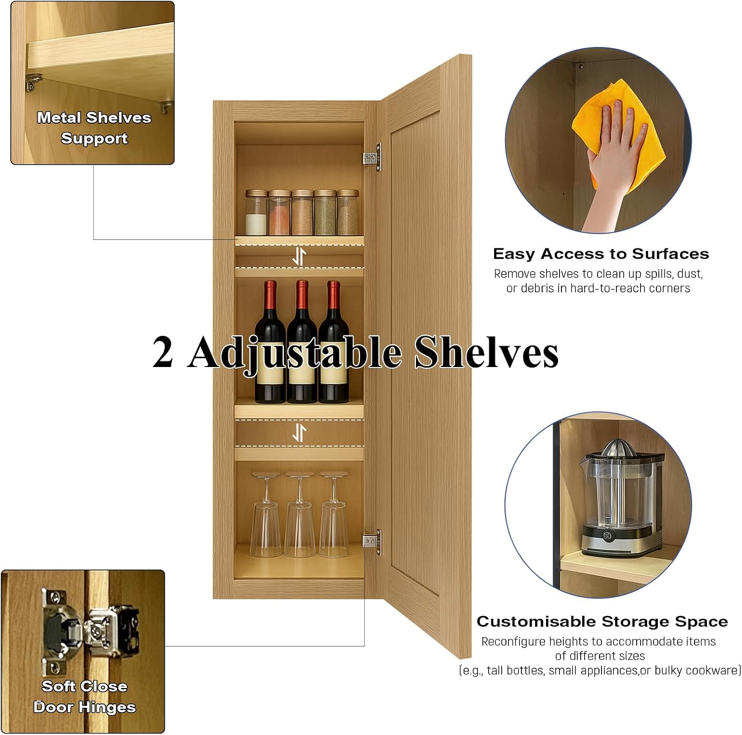 Kitchen Wall Cabinet, 12" Bathroom Wall Cabinet, 1 Soft Close Door, 2 Adjustable Shelves, Shaker, Painted, Unassembled for Kitchen, Laundry Room (White Oak and MDF Door, 12"W X 36"H X 12"D)