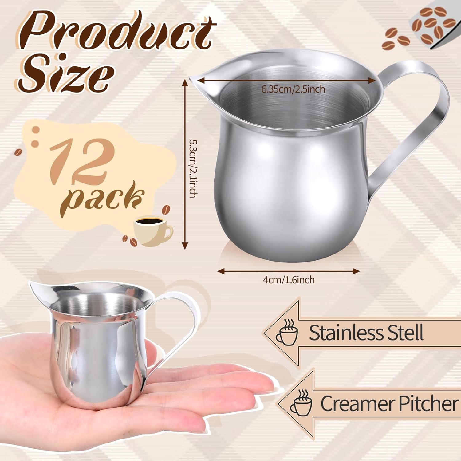 12 Pcs Stainless Steel Bell Creamers, 3 oz Small Creamer Pitcher, Mini Creamer Dispenser with Pouring Spout, Espresso Frothing Pitcher Cup for Restaurant Cafes Home