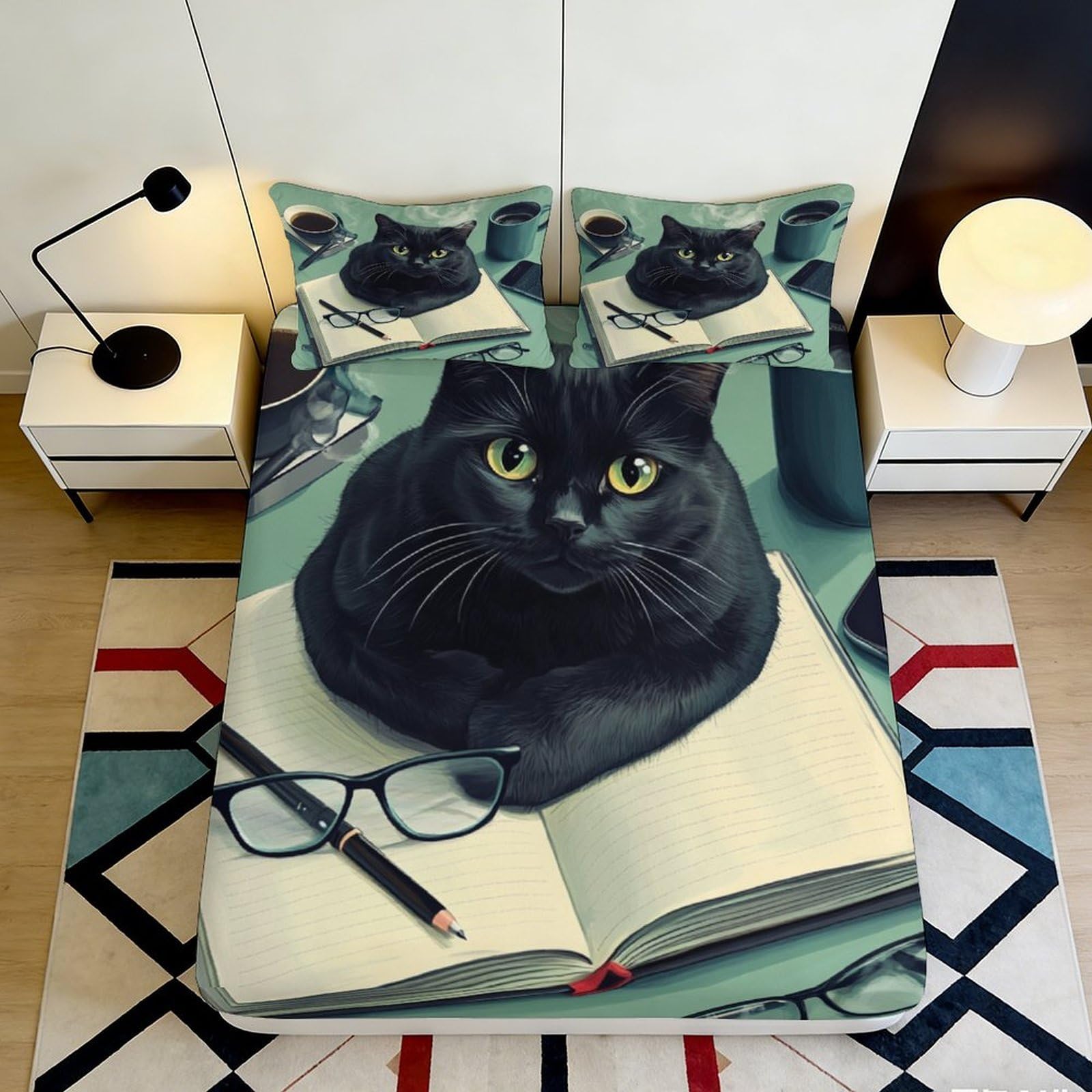 3D Printed black cat Fitted Sheet, soft touch Microfiber, wrinkle resistant, home bedroom decor, apartment bedding, anti-slip, machine washable, stylish room accent, bed protection, 200x200x25cm