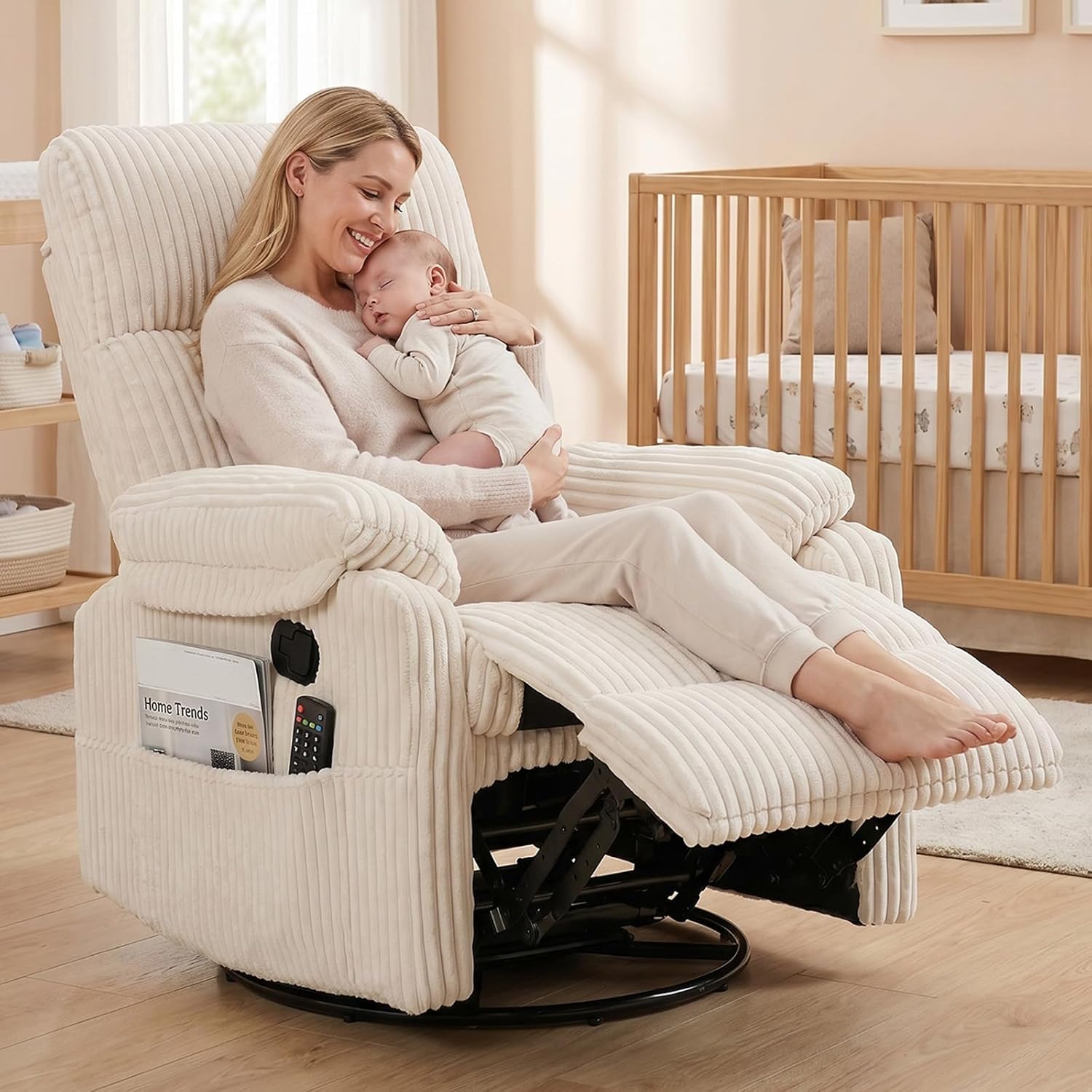 Manual Small Recliner Rocking Chair for Nursery/Relaxation, Corduroy Swivel Glider Recliner for Living Room Bedroom, Beige Rocking Chair Nursery Recliners for Small Spaces, Side Pockets (Beige)