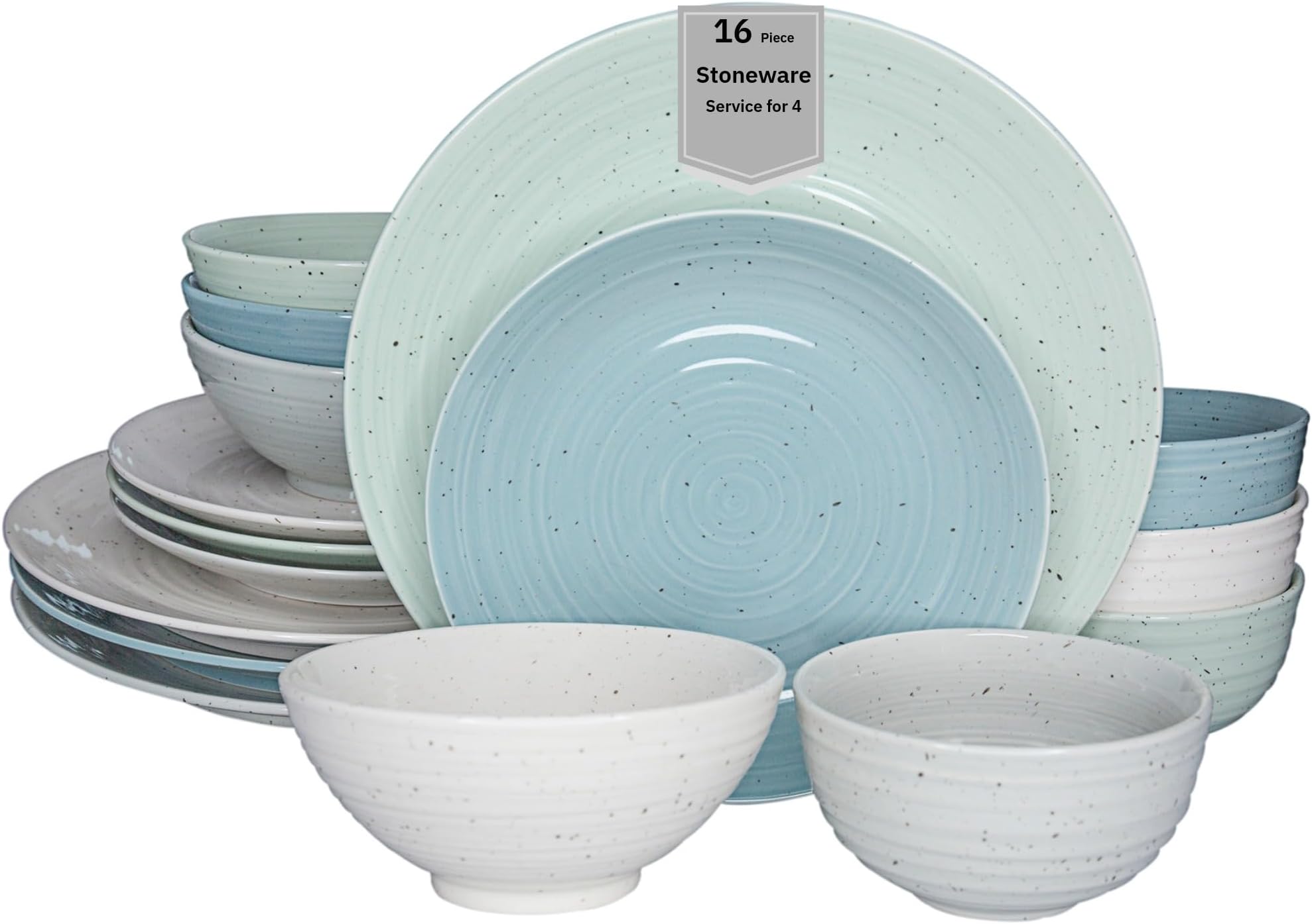 - Siterra Artist's Blend 16-Piece Stoneware Dinnerware Set for 4, Green, Cream & White Glossy Dishes with Speckles, Ceramic Plates and Bowls Sets for Everyday Dining, Microwave & Dishwasher Safe