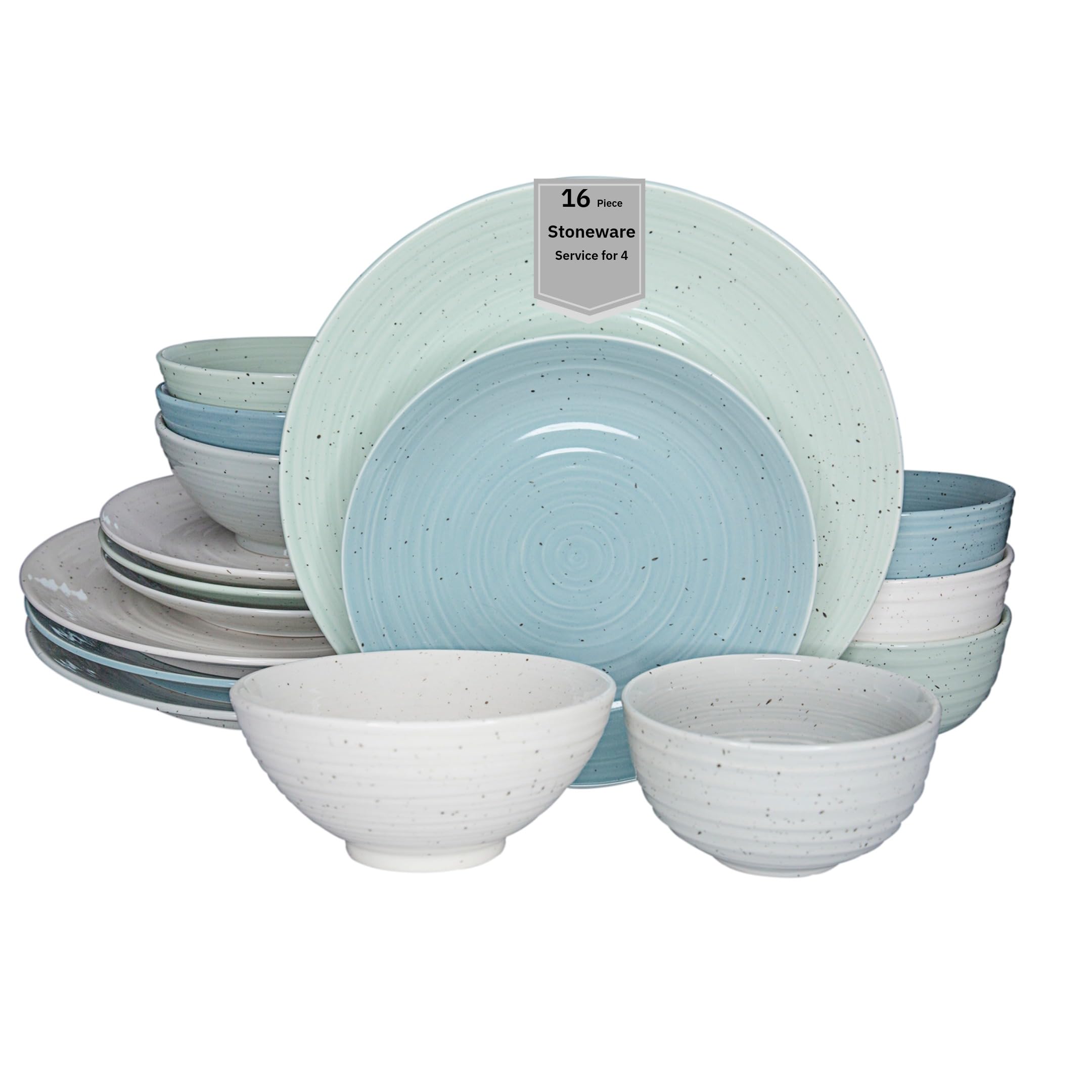 Siterra Artist's Blend 16-Piece Stoneware Dinnerware Set for 4, Green, Cream & White Glossy Dishes with Speckles, Ceramic Plates and Bowls Sets for Everyday Dining, Microwave & Dishwasher Safe