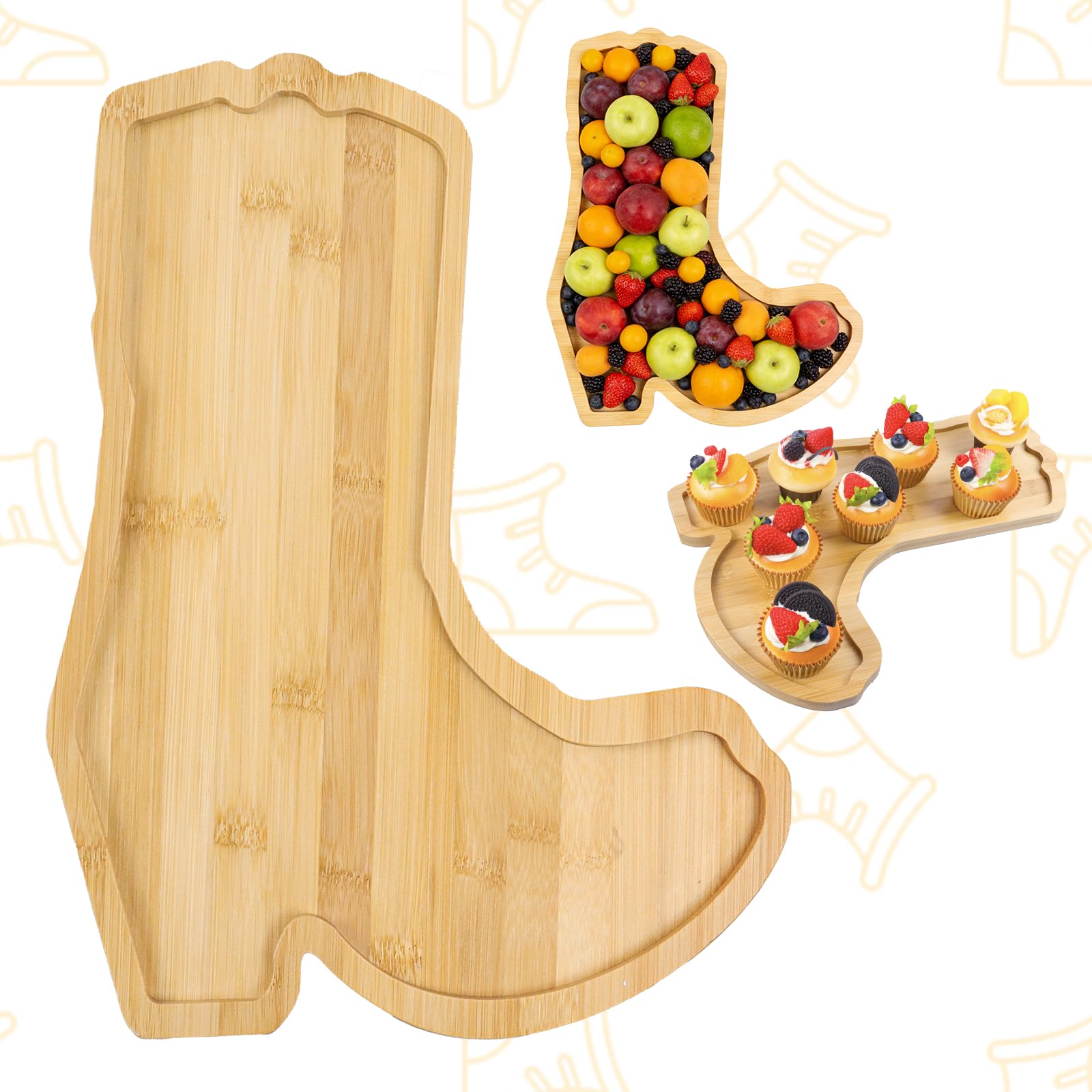 39 x 29cm Large Wooden Boots Charcuterie Board, Cowboy Theme Tabletop Berry Serving Trays Outdoor Food Platters for Fillable Dish Plates Party Supply for Western Cowgirl, Baby Shower 1st Birthday