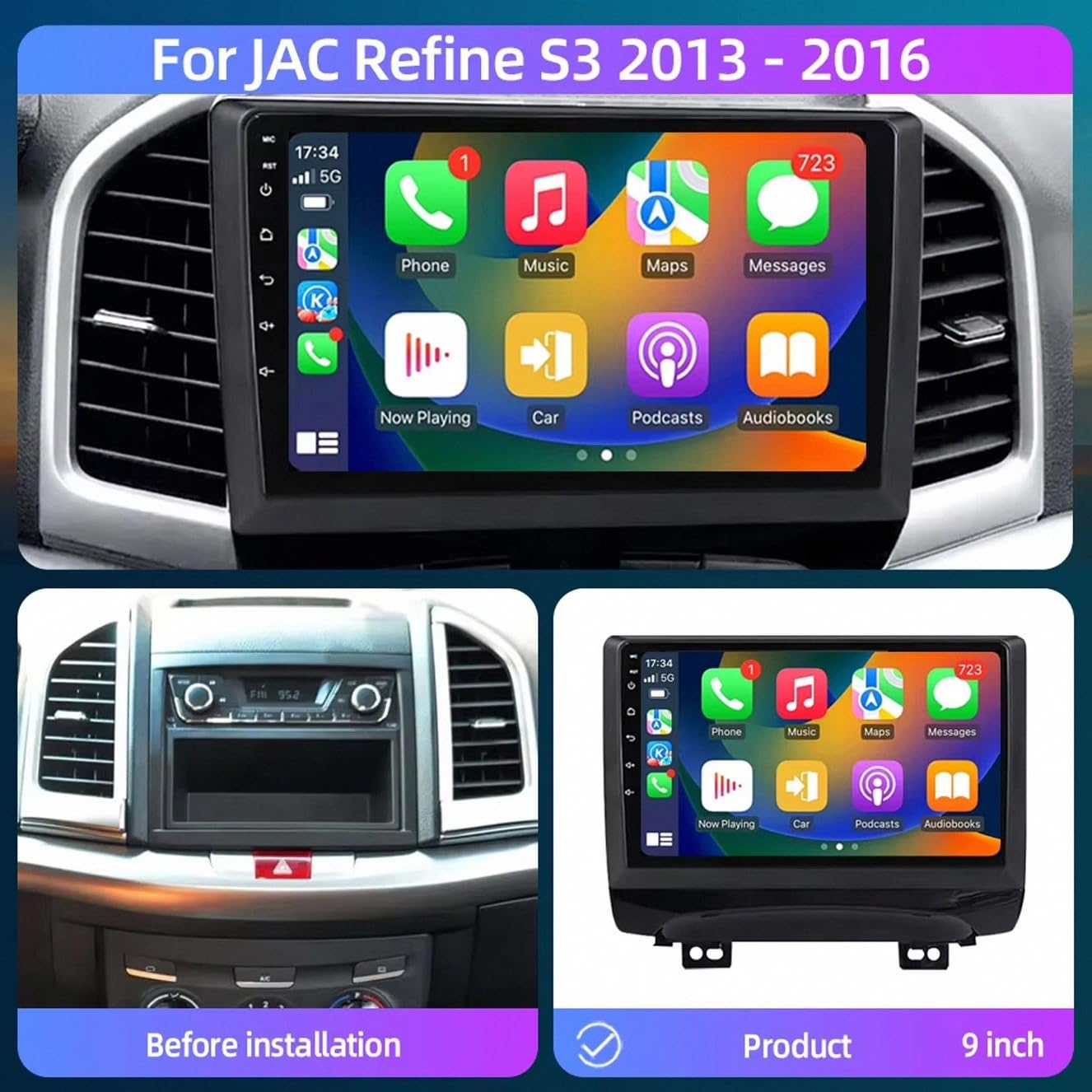 Ekran Z Bezprzewodowym Car Play dla JAC Refine S3 2013-2016 Bezprzewodowe Carplay I Android Auto, Radio Z Ekranem Dotykowym Ips, Nawigacja Gps Kamera, 8 Rdzeń 4G+64G