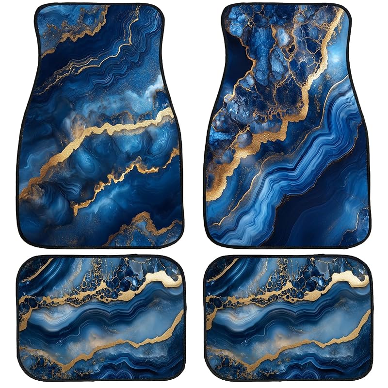 Kit de tapetes automotivos XMYSILZ Marble com veios azul e dourado, base de borracha, compatibilidade ampla, 4 peças