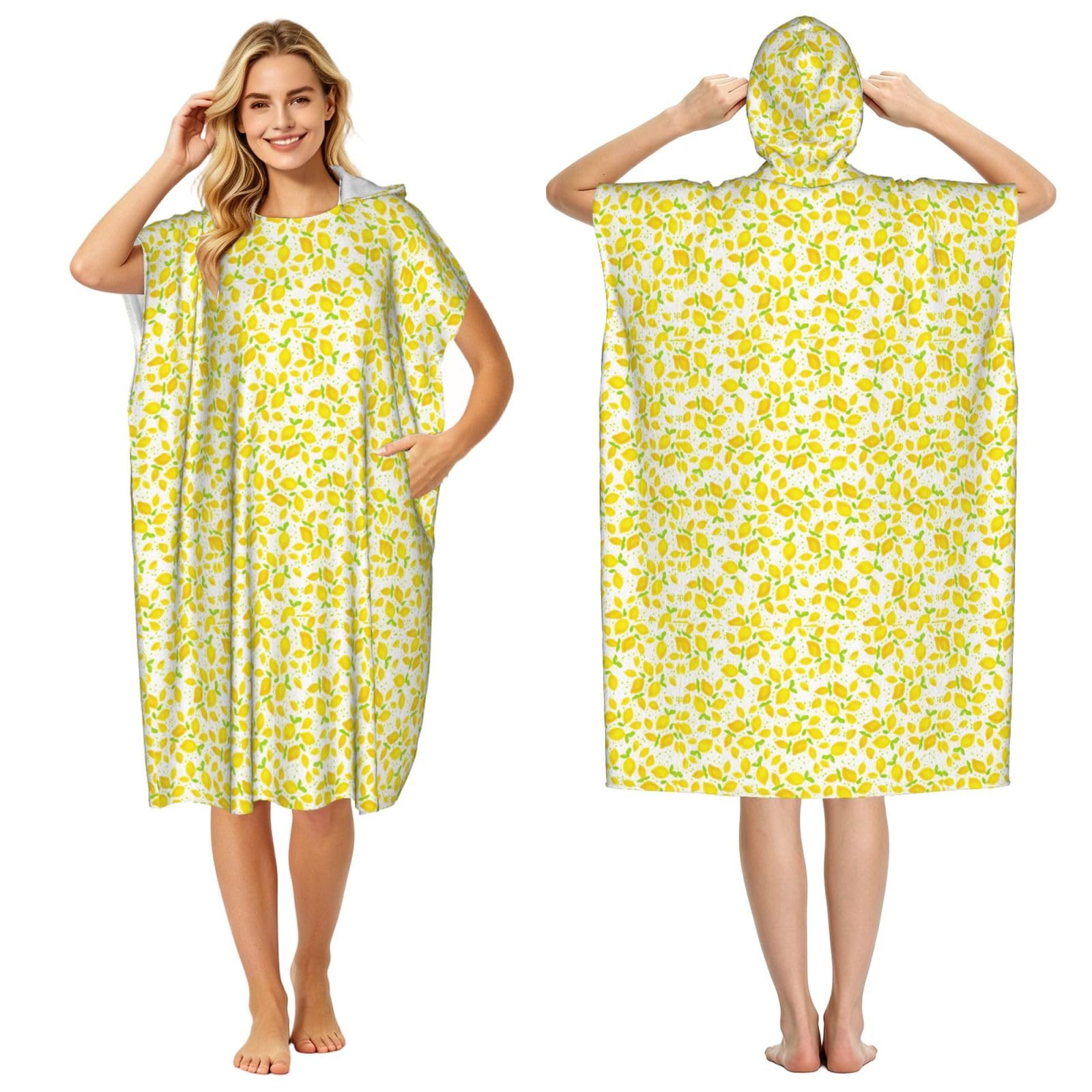 Poadnly Little Lemons, Adult Hooded Beach Towel 90 x 110 cm,Changing Bath Robe, Surf Poncho Towel For Women Men