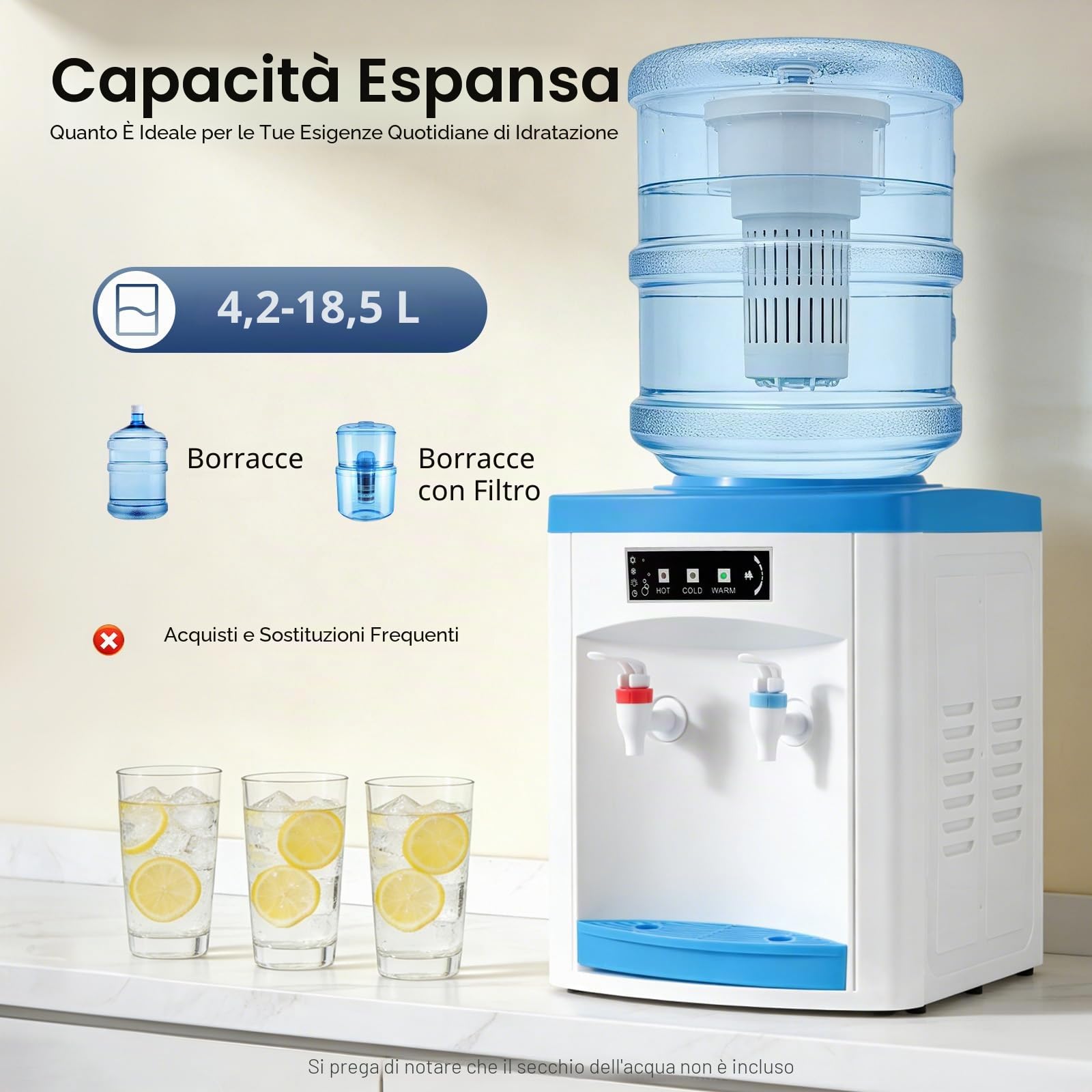 Distributore di acqua fredda per acqua calda fredda, 550 W, 19 l, in acciaio inox e plastica, da scrivania
