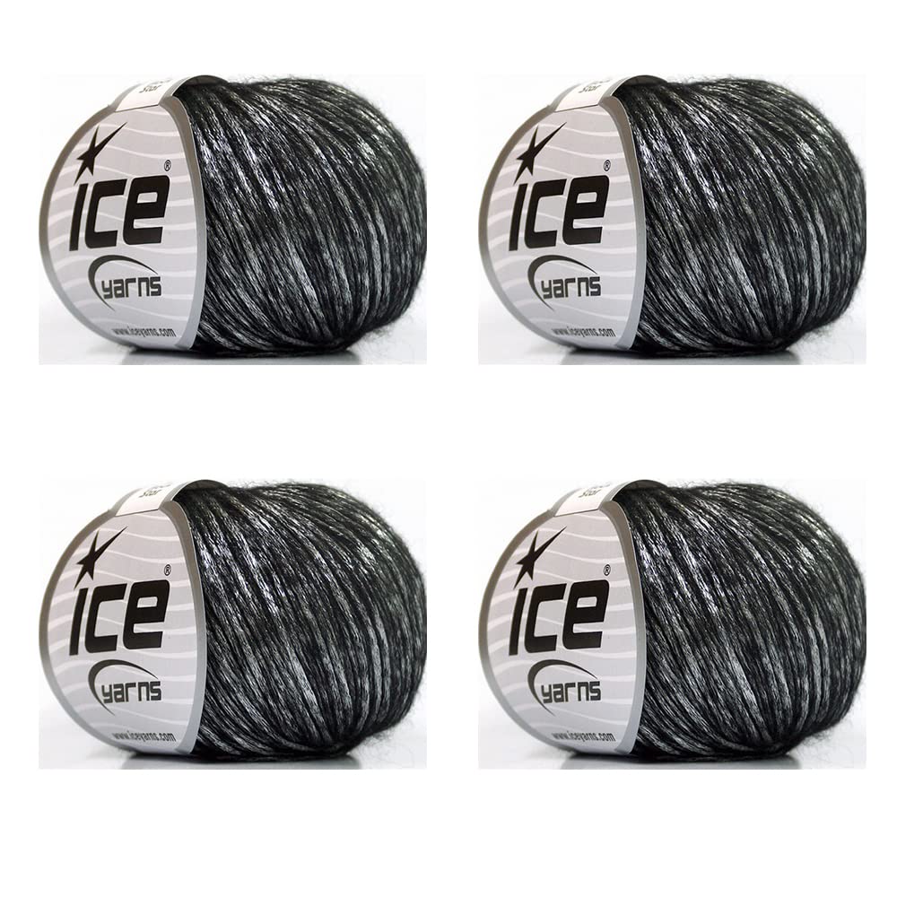 Ice Yarns Rock Star, Metallic Shine, Merino Wool Acrylic Polyamide Blend Yarn, 50 Gram (1.76 Ounces) 125 Yards (115 Meters) 4 Balls (Black, Silver - 53025)