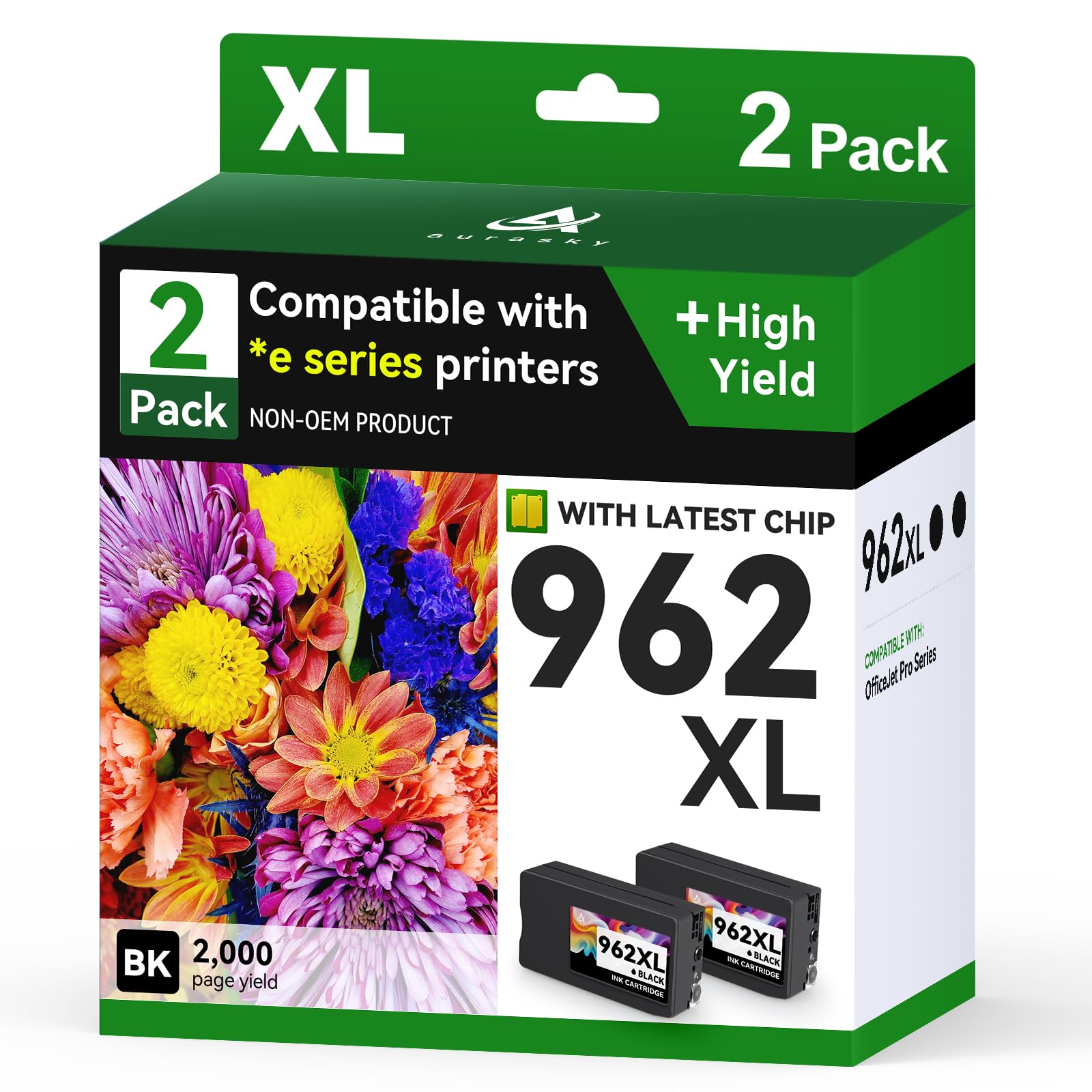 962XL Remanufactured Ink Cartridges Combo Pack Compatible for HP 962 XL HP962XL Black Replacement for HP OfficeJet Pro 9010e 9012e 9014e 9015e 9018e 9019e 9020e 9022e 9025e 9028e Series (2 Pack)