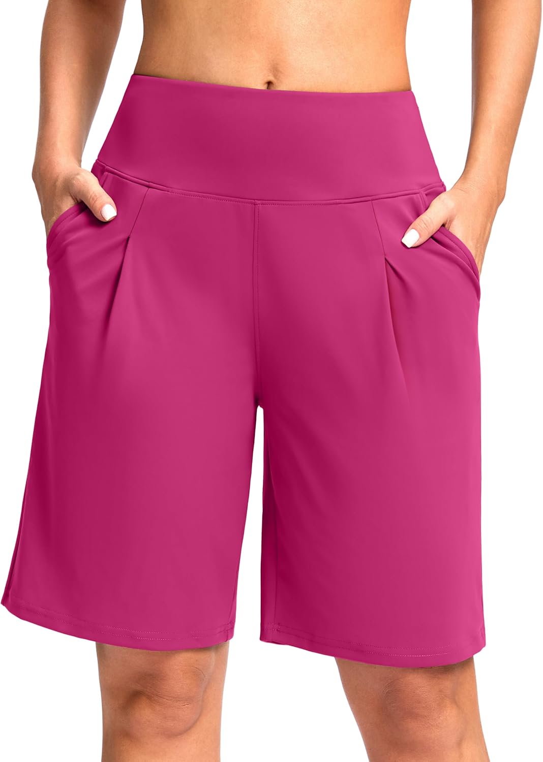 SANTINY Bermuda Shorts for Women Knee Length 9" High Waisted Pleated Casual Long Shorts with Pockets Walking Workout Athletic
