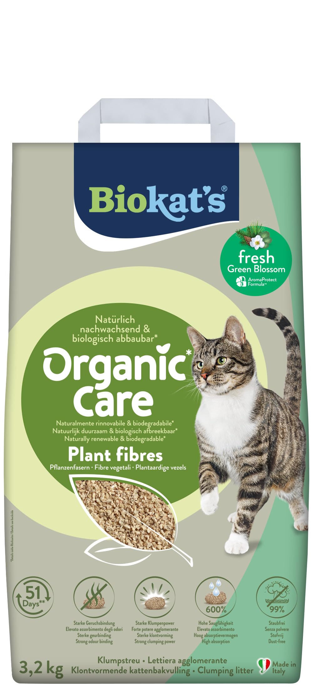 Biokat's Organic Care Plant Fibres Fresh mit Duft 3,2 kg - Grobe klumpende Katzenstreu aus nachwachsenden biologisch abbaubaren Pflanzenfasern - 1 Sack (1 x 3,2 kg)