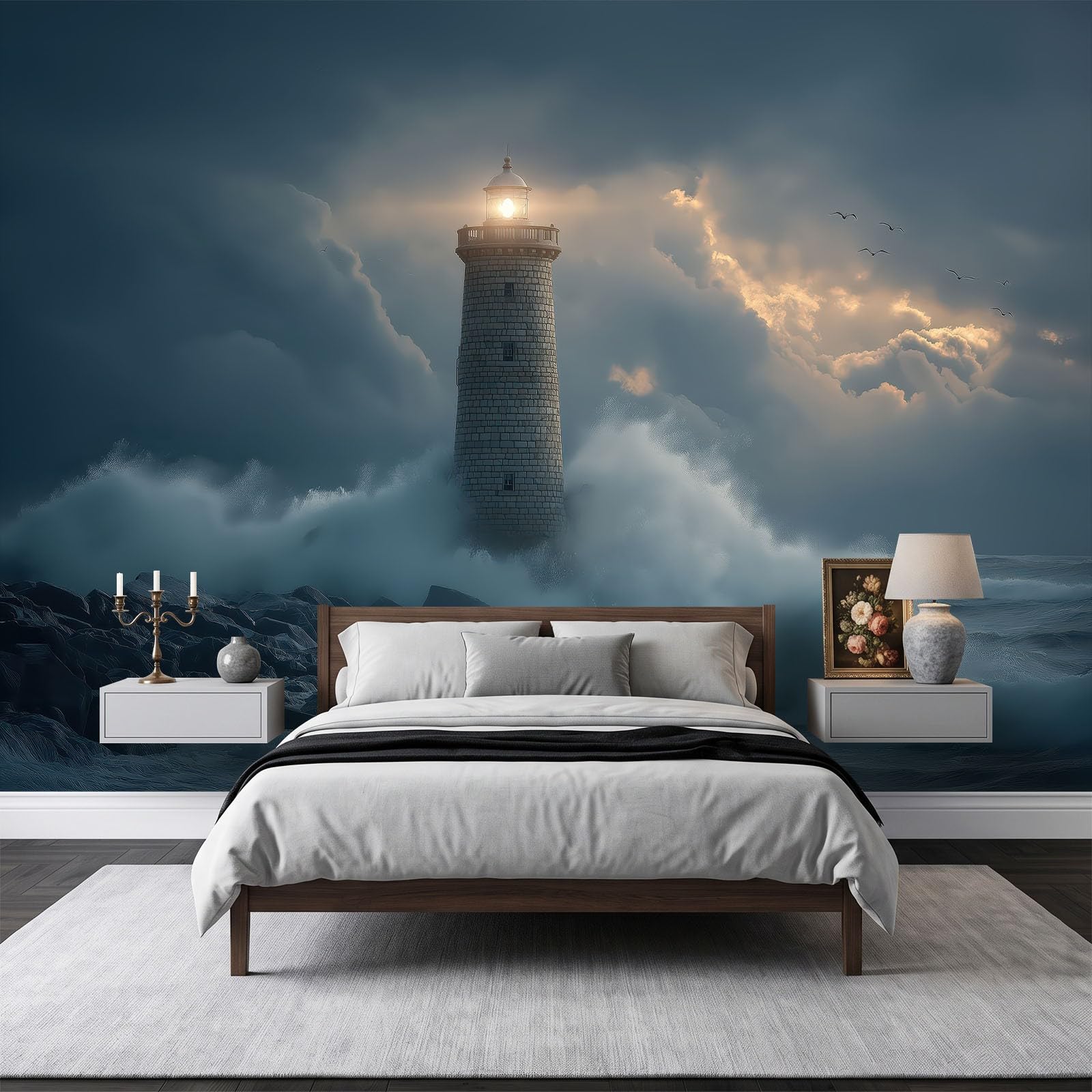 250 x 175 cm, fototapeta z włókniny, na wymiar, fotografia, krajobraz, latarnia morska, niebiesko-szara, fotorealistyczny, druk HD, tapeta na flizelinie, tapeta z motywem, dekoracja ścienna, dekoracja