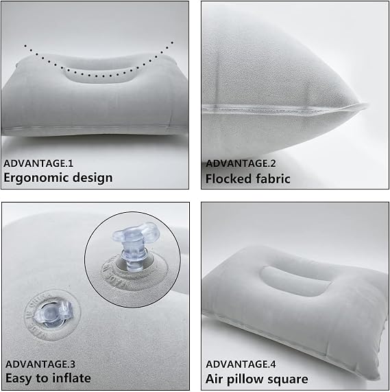 2 Pack 12.6 * 7.9 inch Ultralight Inflatable Pillow Small Squared Flocked Fabric Air Pillow for Hiking,Camping,Traveling,Napping,Desk Rest, Beach Pillow Neck Lumbar Support(Gray)