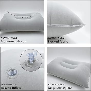 2 Pack 12.6 * 7.9 inch Ultralight Inflatable Pillow Small Squared Flocked Fabric Air Pillow for Hiking,Camping,Traveling,Napping,Desk Rest, Beach Pillow Neck Lumbar Support(Gray)