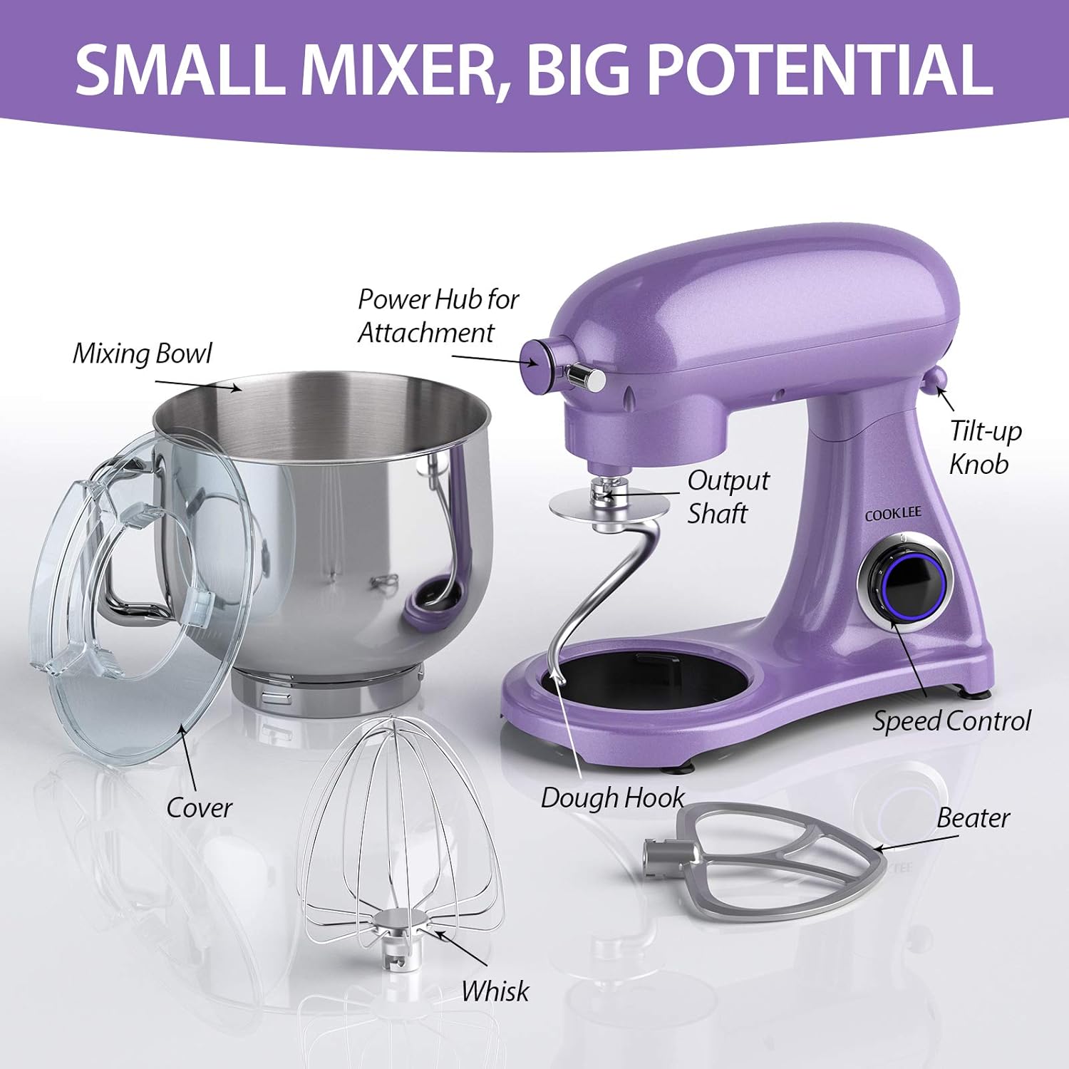 Frее Shірріng Ovеr $50 All-Metal COOKLEE Stand Mixer, 800W 8.5-Qt. Kitchen Mixer 10+1 Speeds with Dishwasher-Safe Dough Hooks, Flat Beaters, Whisk & Pouring Shield, SM-1522NM, Lavender
