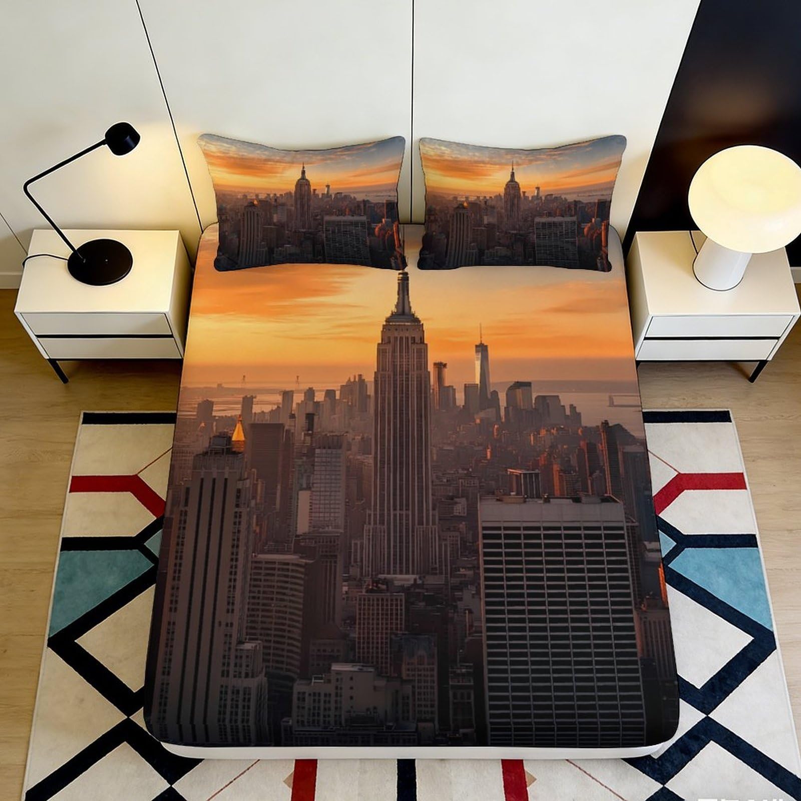 Pnayamiorkfel Style-10 3D Printed Sunset Cityscape Fitted Sheet Microfiber Soft Urban Skyline Mattress Cover For Bedroom Decor Dorm 90X200x25cm