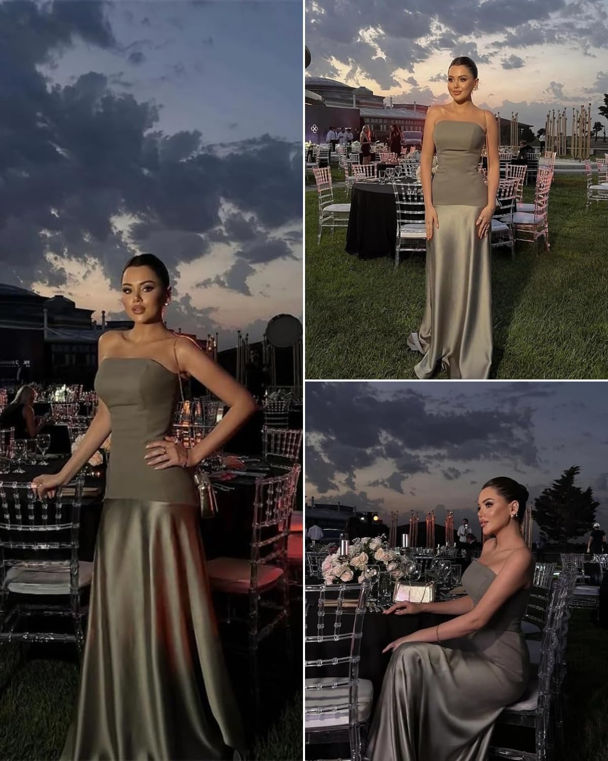 ANKOMINA Women's Elegant Strapless Satin Maxi Dress Sexy Off Shoulder Patchwork Party Evening Cocktail Long Dresses Green - Image 2