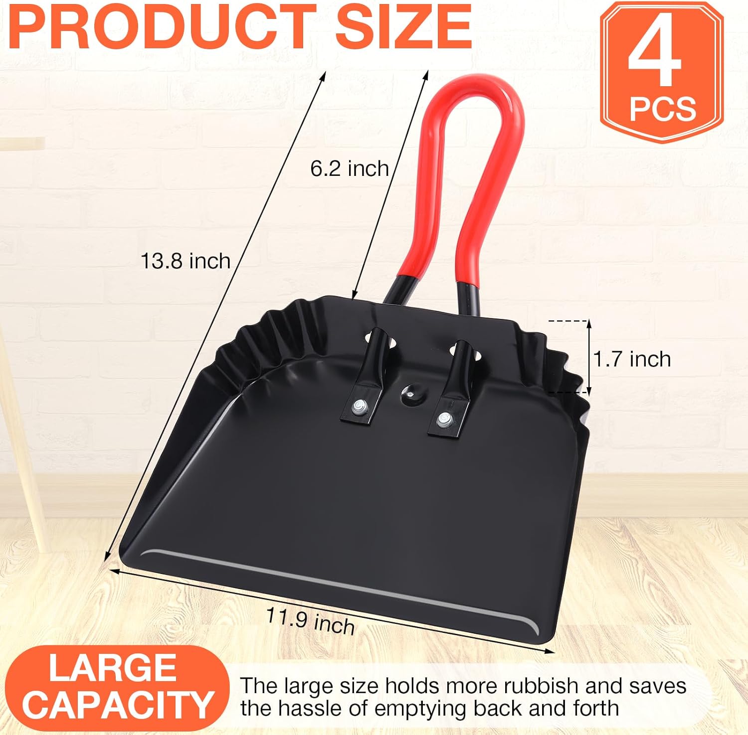 Uiifan 4 Pcs Industrial Metal Dustpans 12" Heavy Duty Dust Pan with Handle Commercial Dustpan Wide Scooper Dust and Debris Sweeping Tool Precision Edge Rubber Grip Loop Handle (Black)