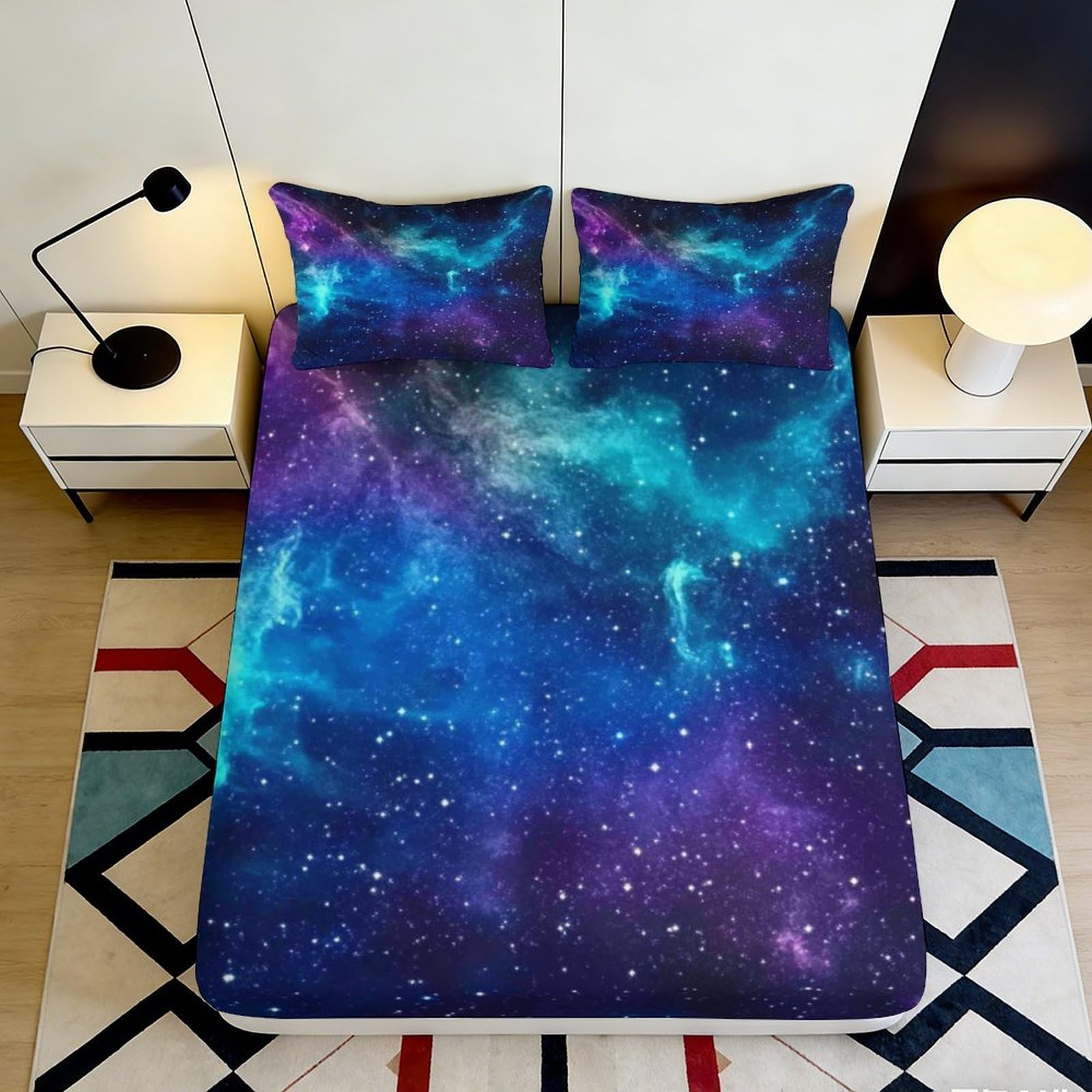 3D Printed Galaxy Starry Sky Fitted Sheet Microfiber Deep Pocket Cosmic Nebula Mattress Cover for Bedroom Decor 200x200x25cm