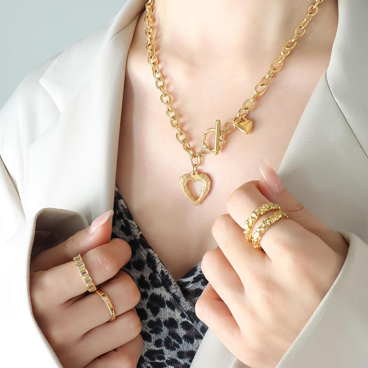 Chunky Gold Necklace For Women Toggle Clasp Double Heart Necklace Gold Plated Charm Necklace Statement Jewelry Present-gold heart - Image 8