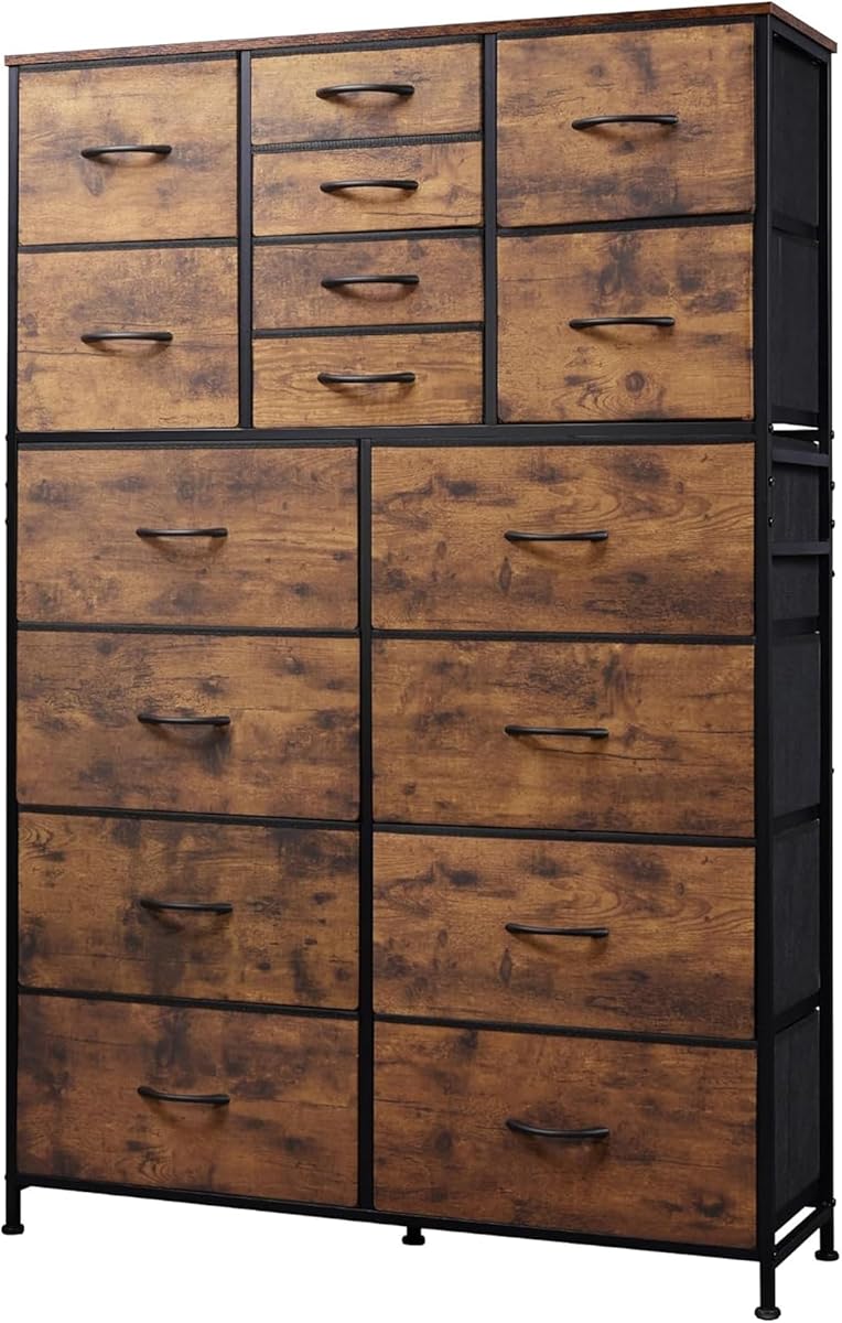 Tall Console Table with 16 Fabric Drawers, Entryway Table with Storage, Large Storage Organizer with Wood Top, Steel Frame for Living Room, Hallway, Office, Rustic Brown