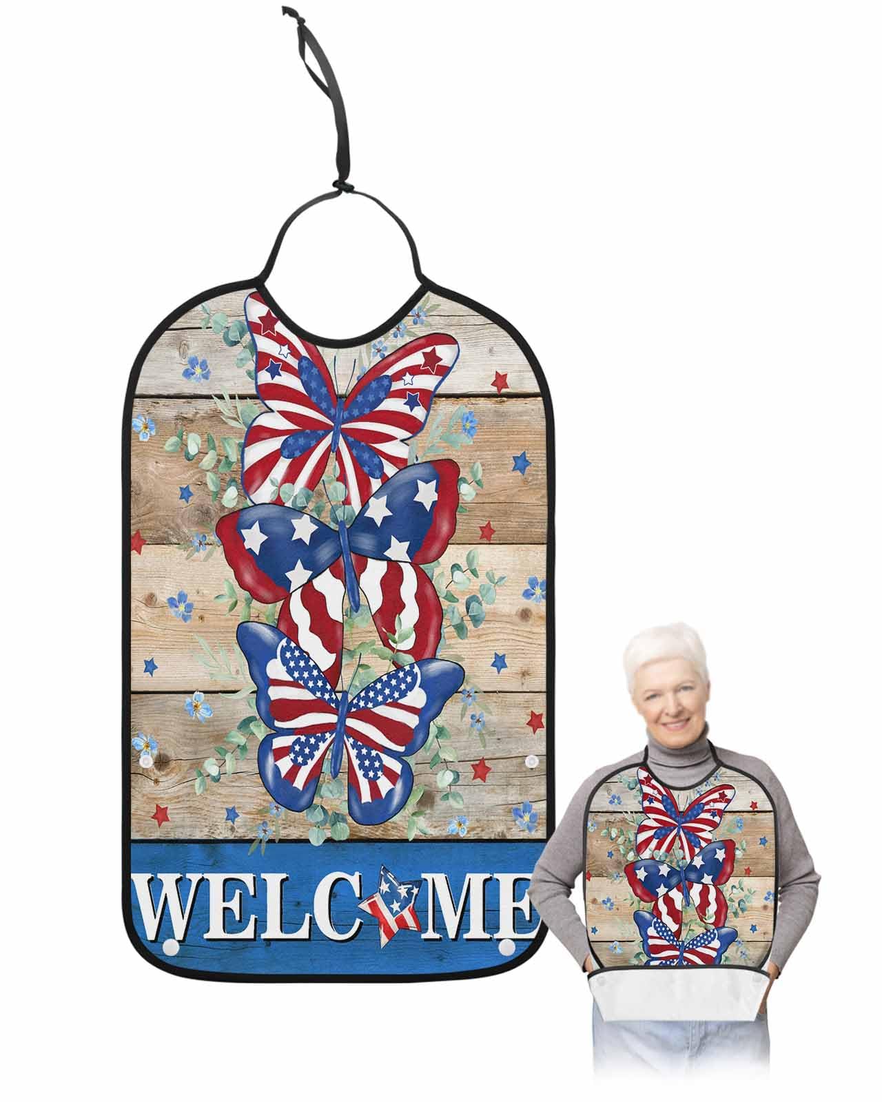 LEOKOTI 4th of July Butterfly Adult Bibs for Eating, Waterproof Bibs with Food Catcher & Snap Closure, Blue Red Star Welcome Vintage Botanical Washable Clothing Protectors Adult Bibs for Elderly