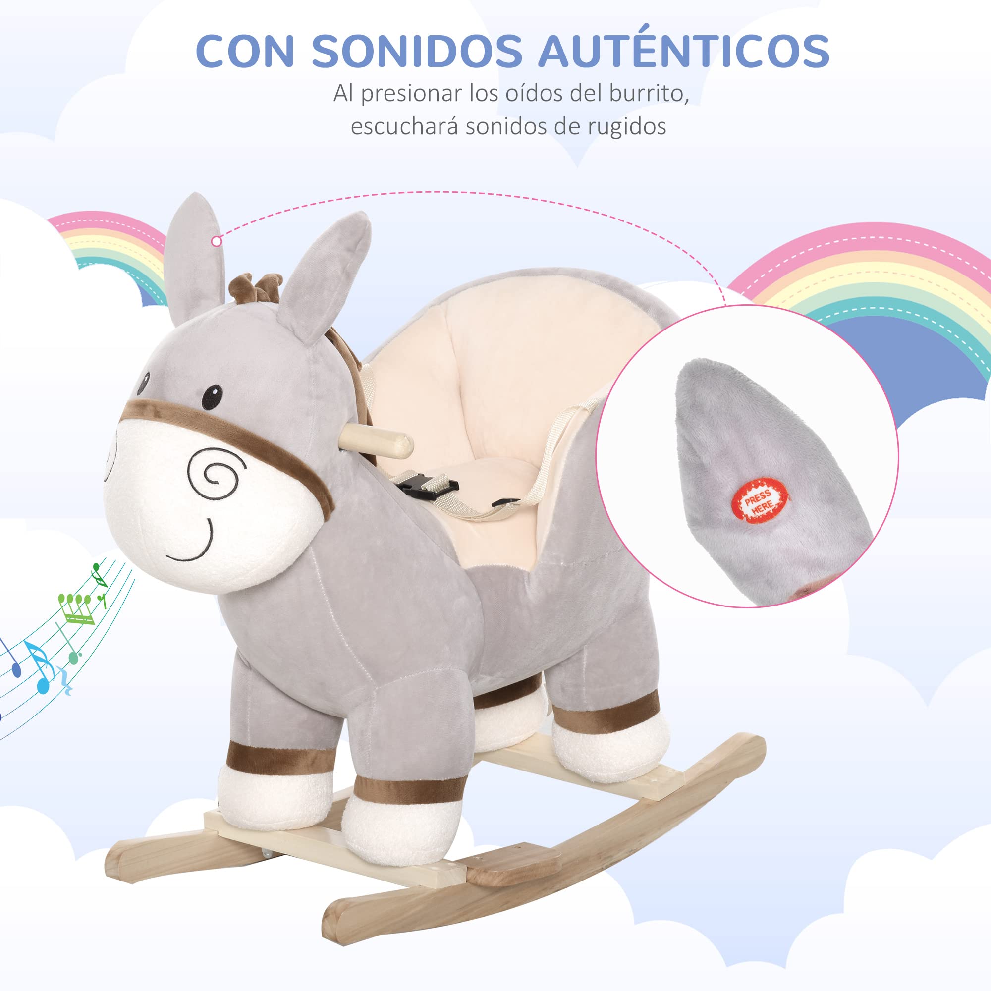 HOMCOM Caballito de Balancín en Forma de Asno Caballo Balancín para Bebé de +18 Meses con Manillar Cinturón de Seguridad y Reposapiés Felpa Suave 61x34x58 cm Gris