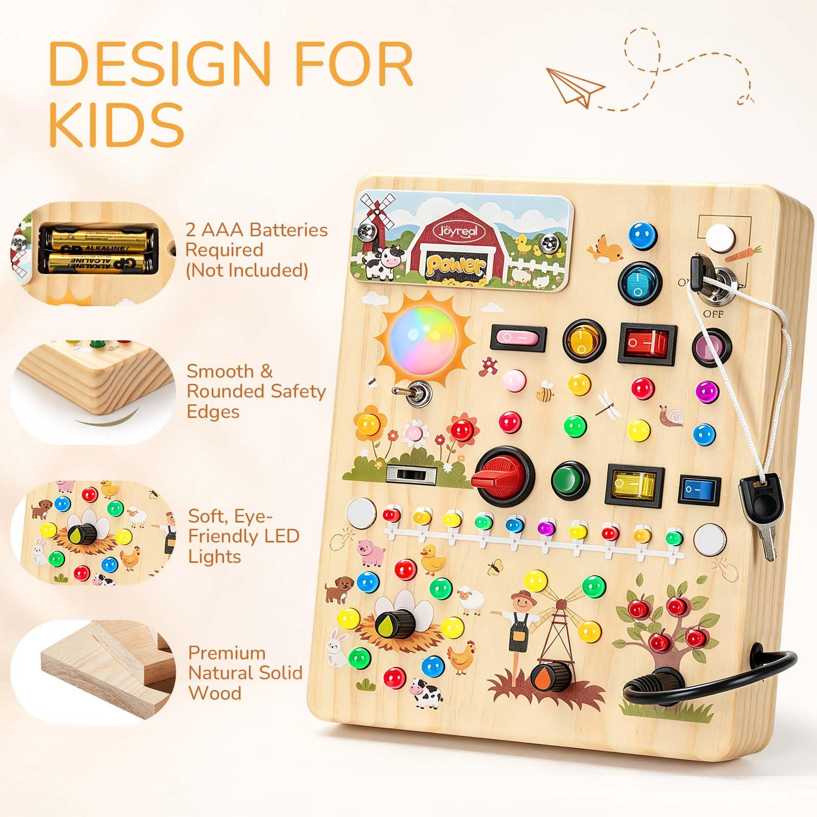 Joyreal Busy Board Giochi Bambini 1 Anno, Tavola attività Montessori in Legno con 39 Luci LED E 17 Interruttori, Gioco Sensoriale Educativo per Bambini, Regalo Bambino 1 2 3 Anni