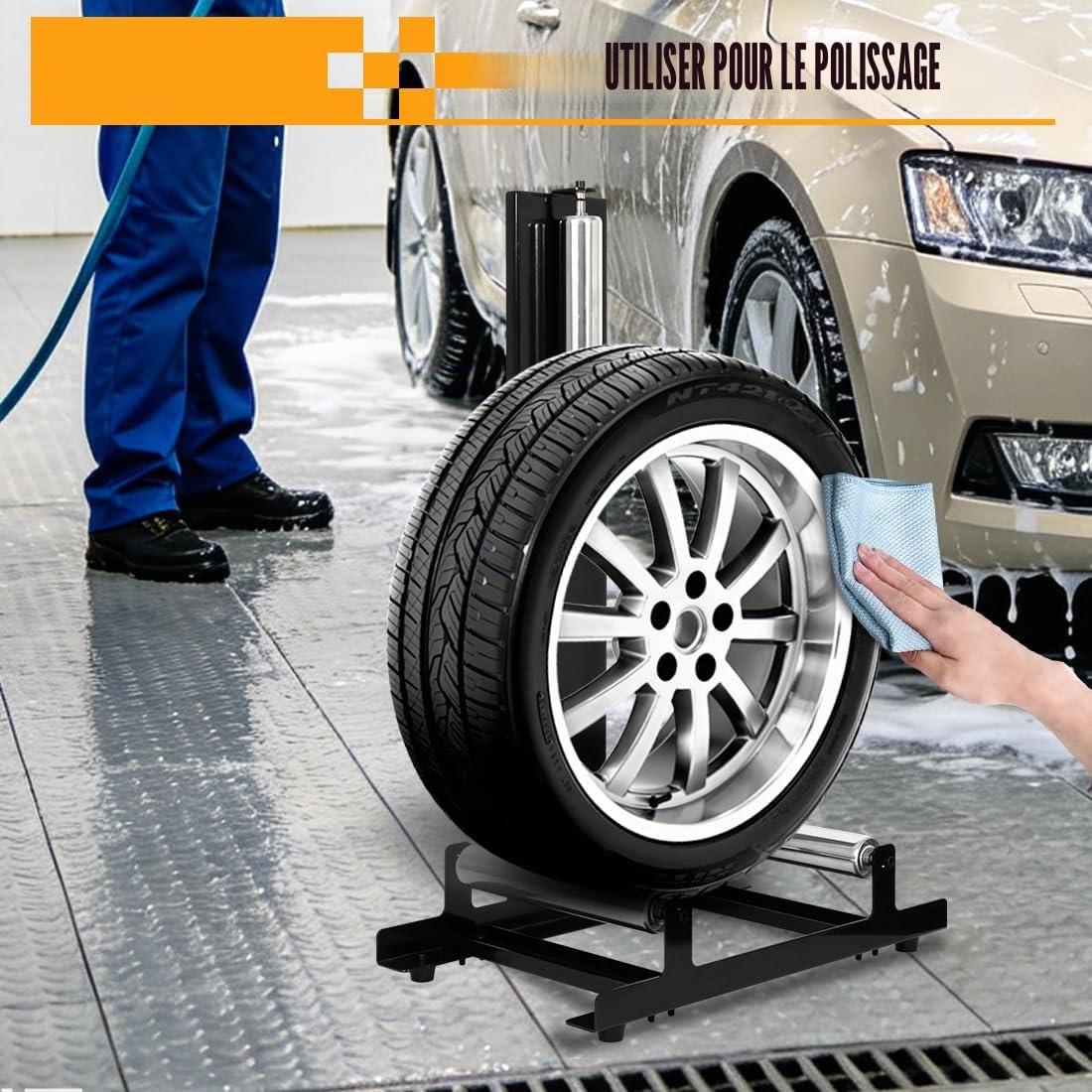 Étagère à Pneus Support de Nettoyage de Pneus de Voiture Support de Garage Accessoires pour le Nettoyage et le Polissage des Pneus, Capacité de Charge 50kg, 58x36.5x89cm