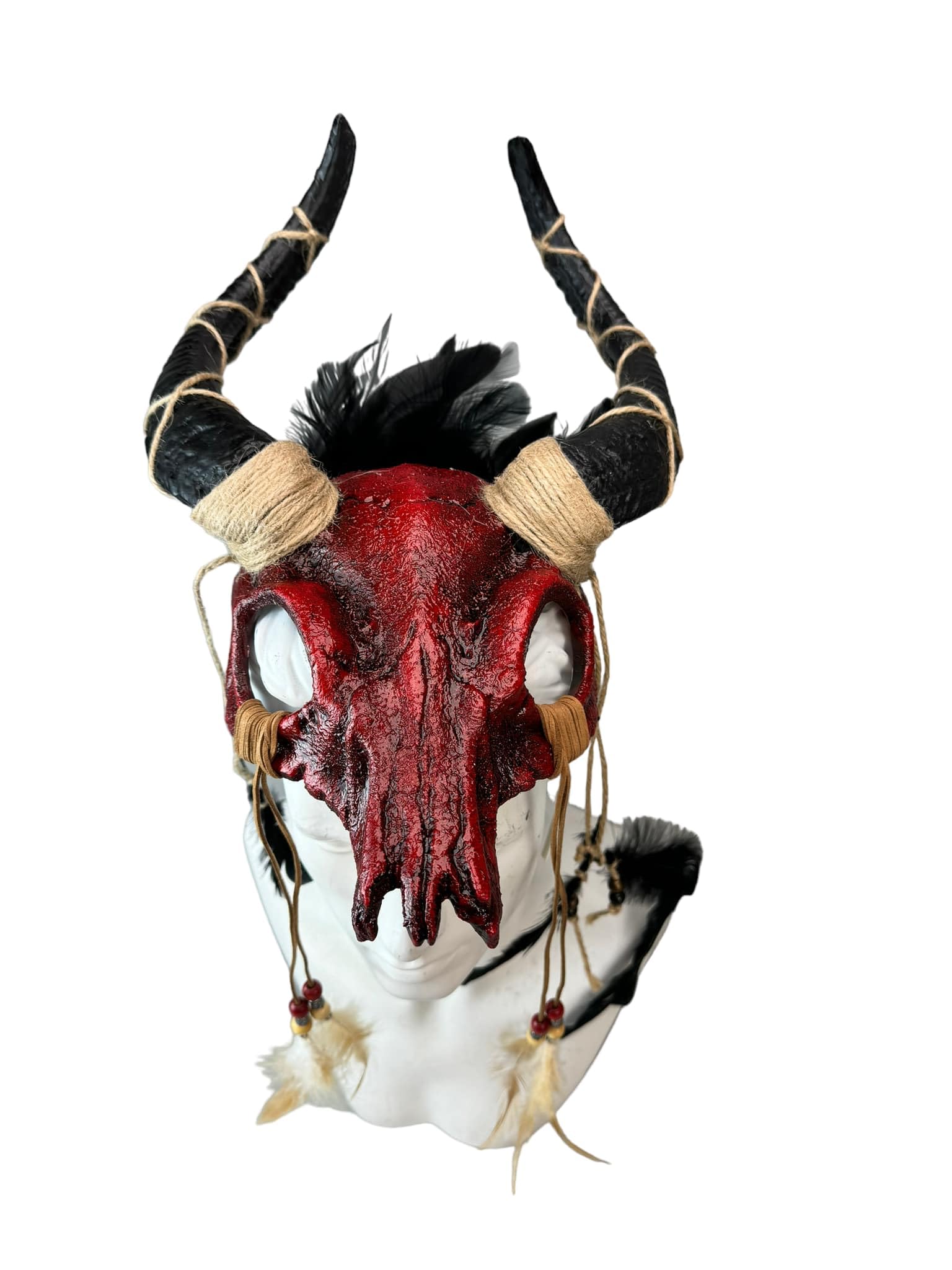 KB Ram Skull Head Band Masquerade Mask in Burgundy & Black with Feathers M39593