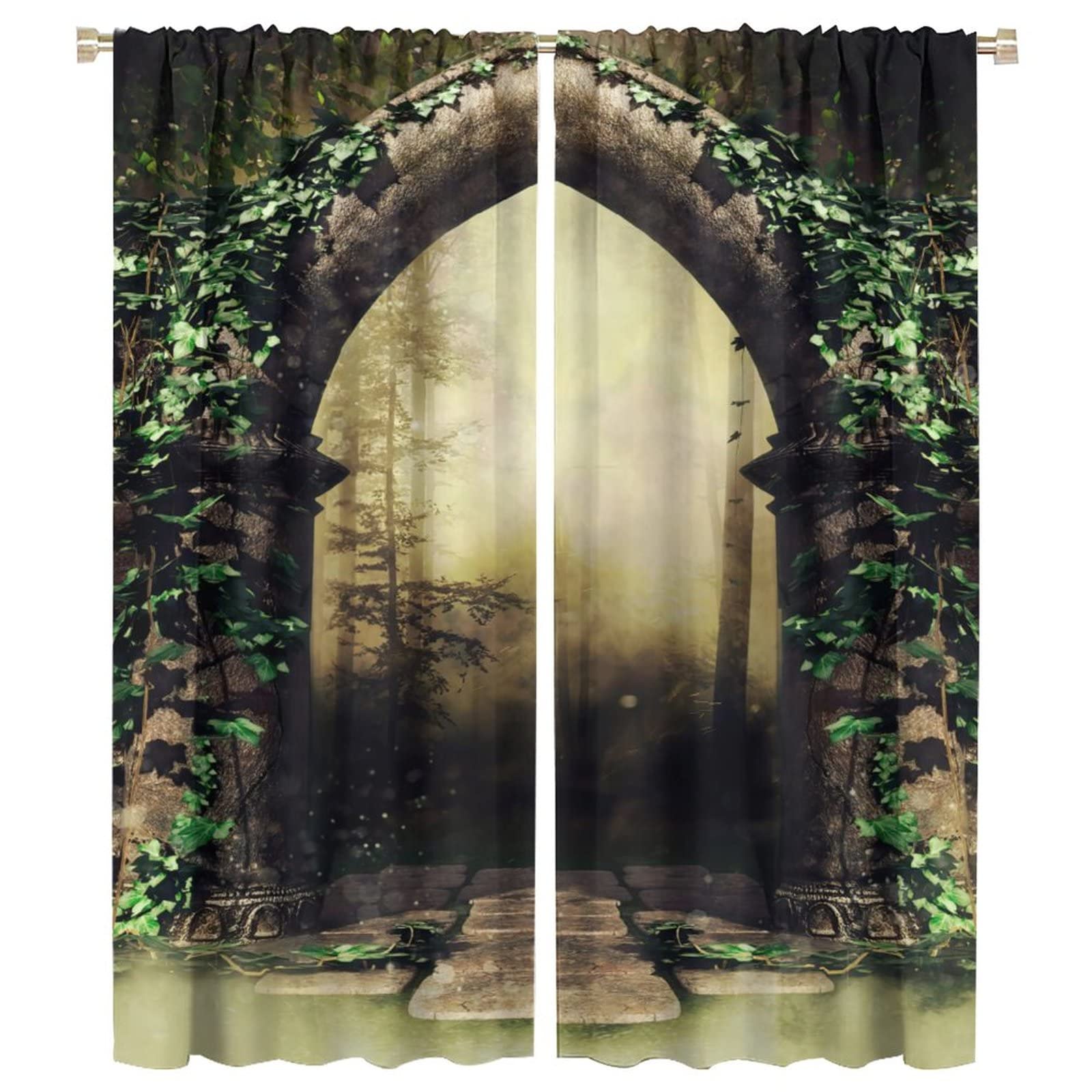 Gothic Blackout Curtains,Misty Forest Old Arch Window Door Curtains for Bedroom Living Room Bathroom Home Decor W42xL54in